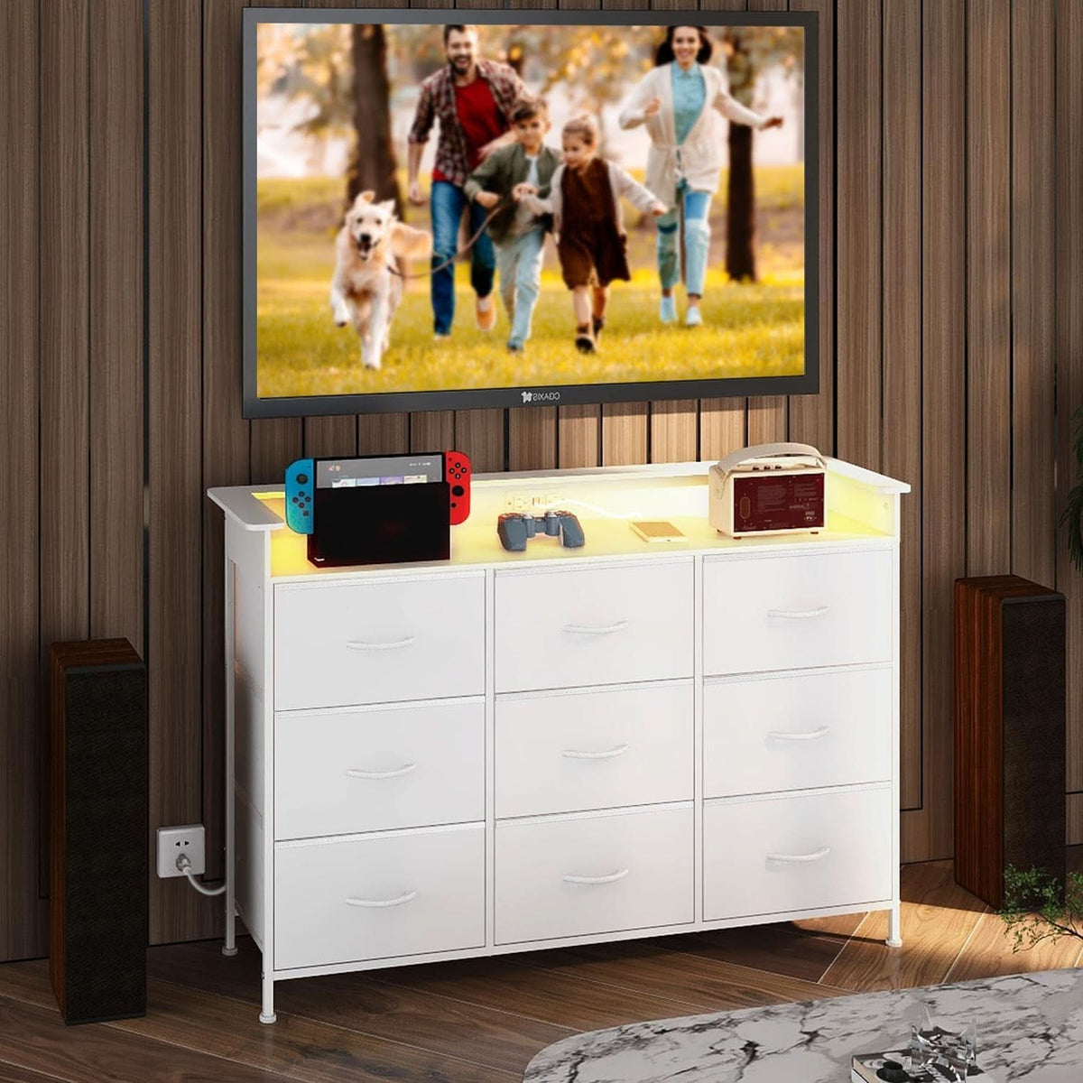 White Dresser With Integrated LED Lighting And Charging