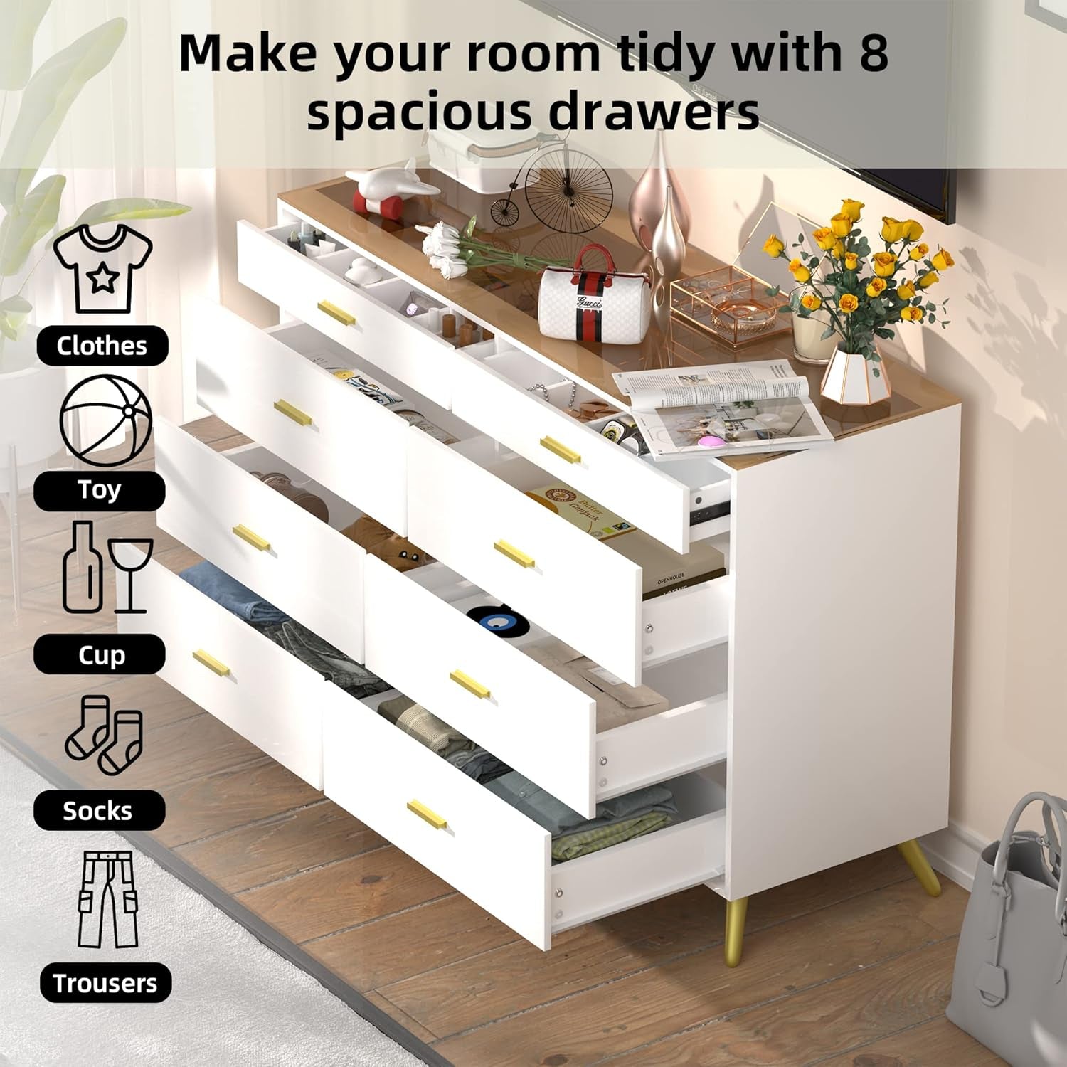 White Dresser With LED Lights 8 Drawers Tempered Glass Top