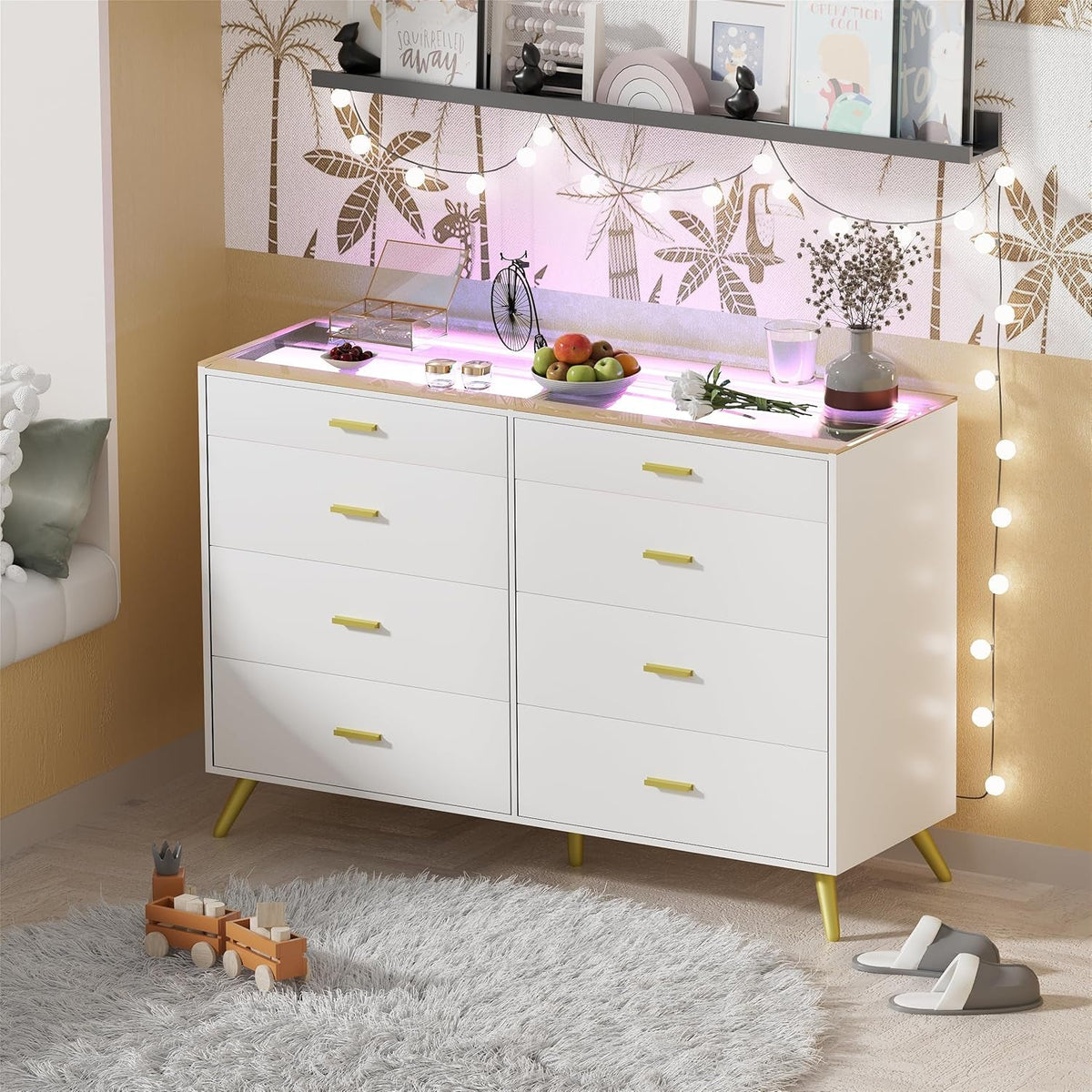 White Dresser With LED Lights 8 Drawers Tempered Glass Top