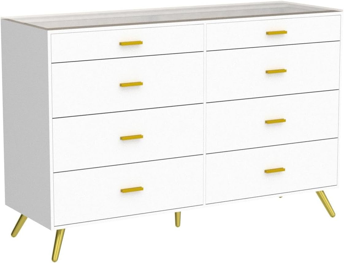 White Dresser With LED Lights 8 Drawers Tempered Glass Top