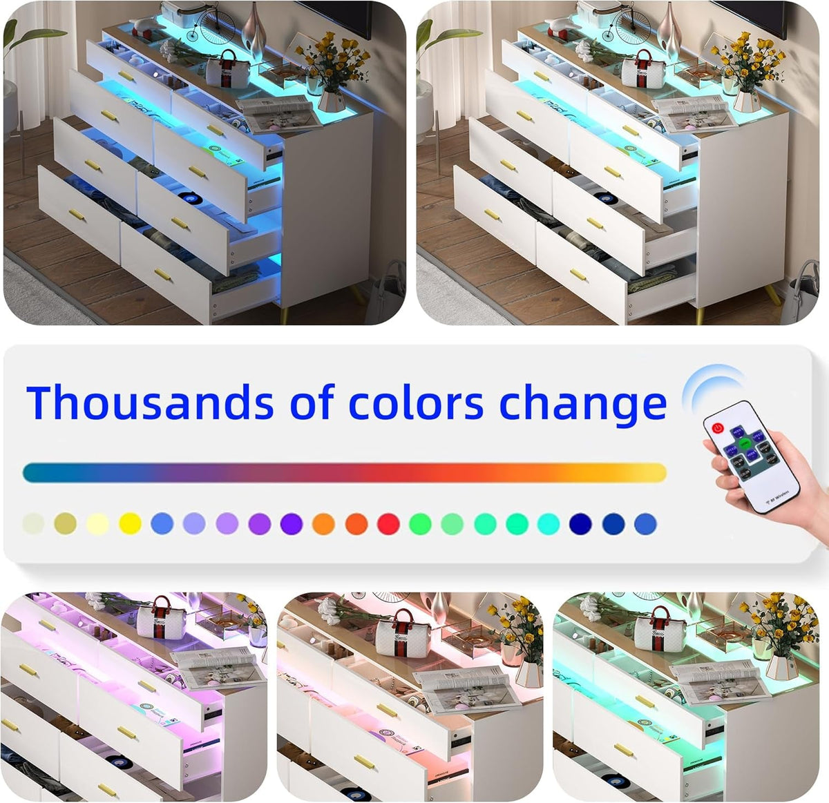 White Dresser With LED Lights 8 Drawers Tempered Glass Top