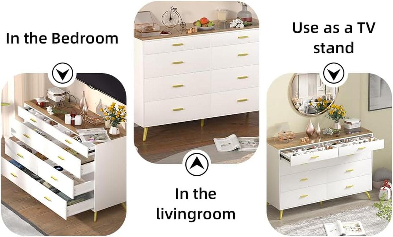 White Dresser With LED Lights 8 Drawers Tempered Glass Top