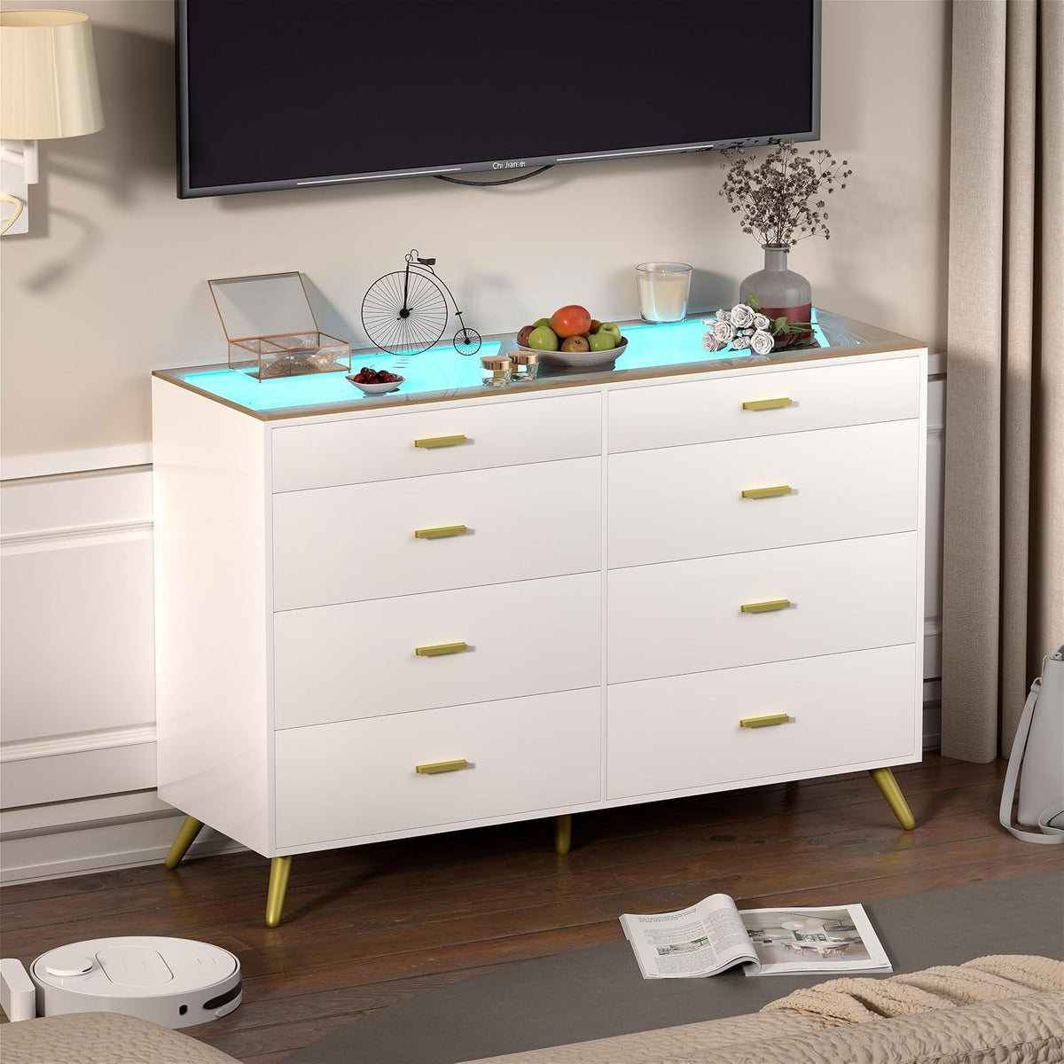 White Dresser With LED Lights 8 Drawers Tempered Glass Top
