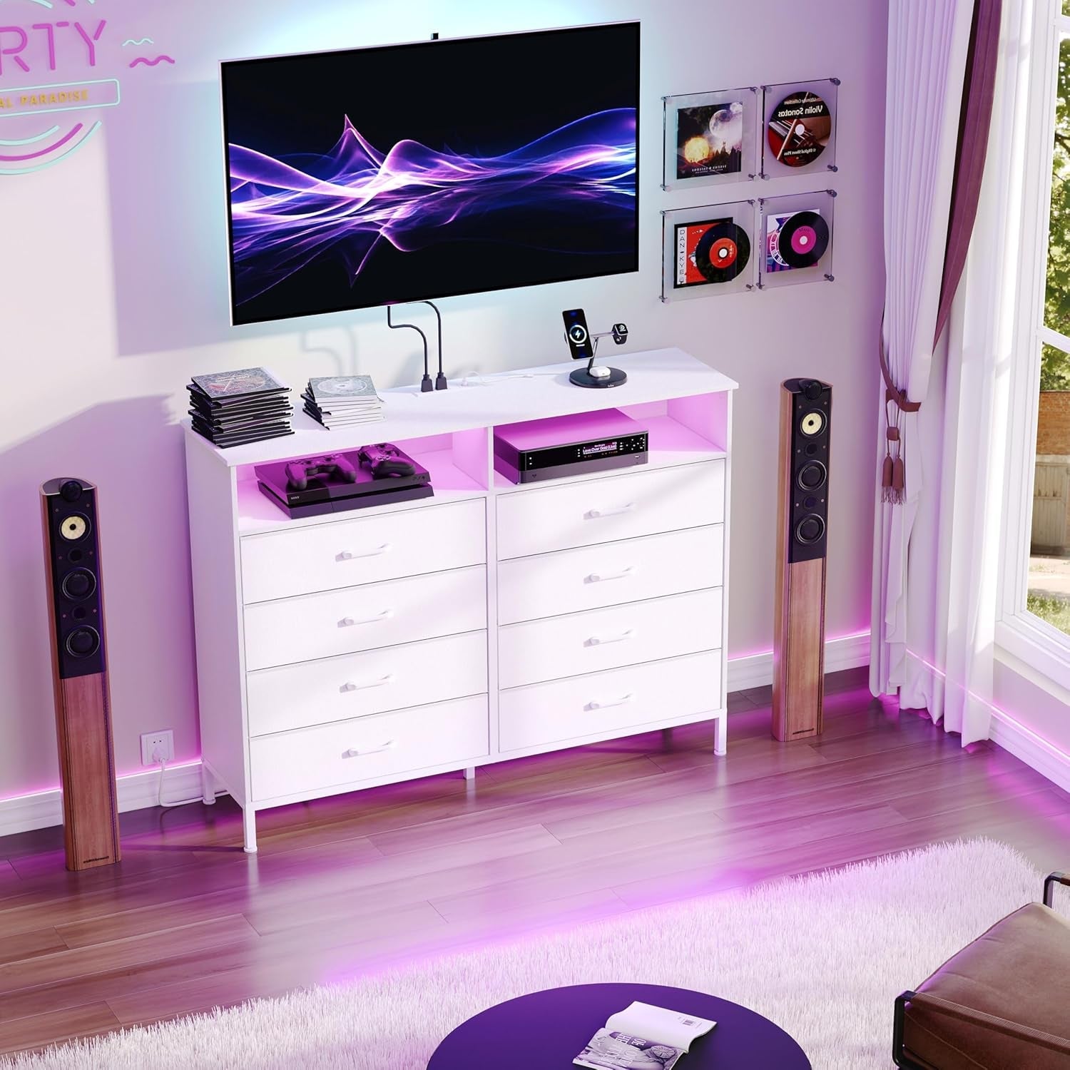White Dresser With LED Lights And Charging Station