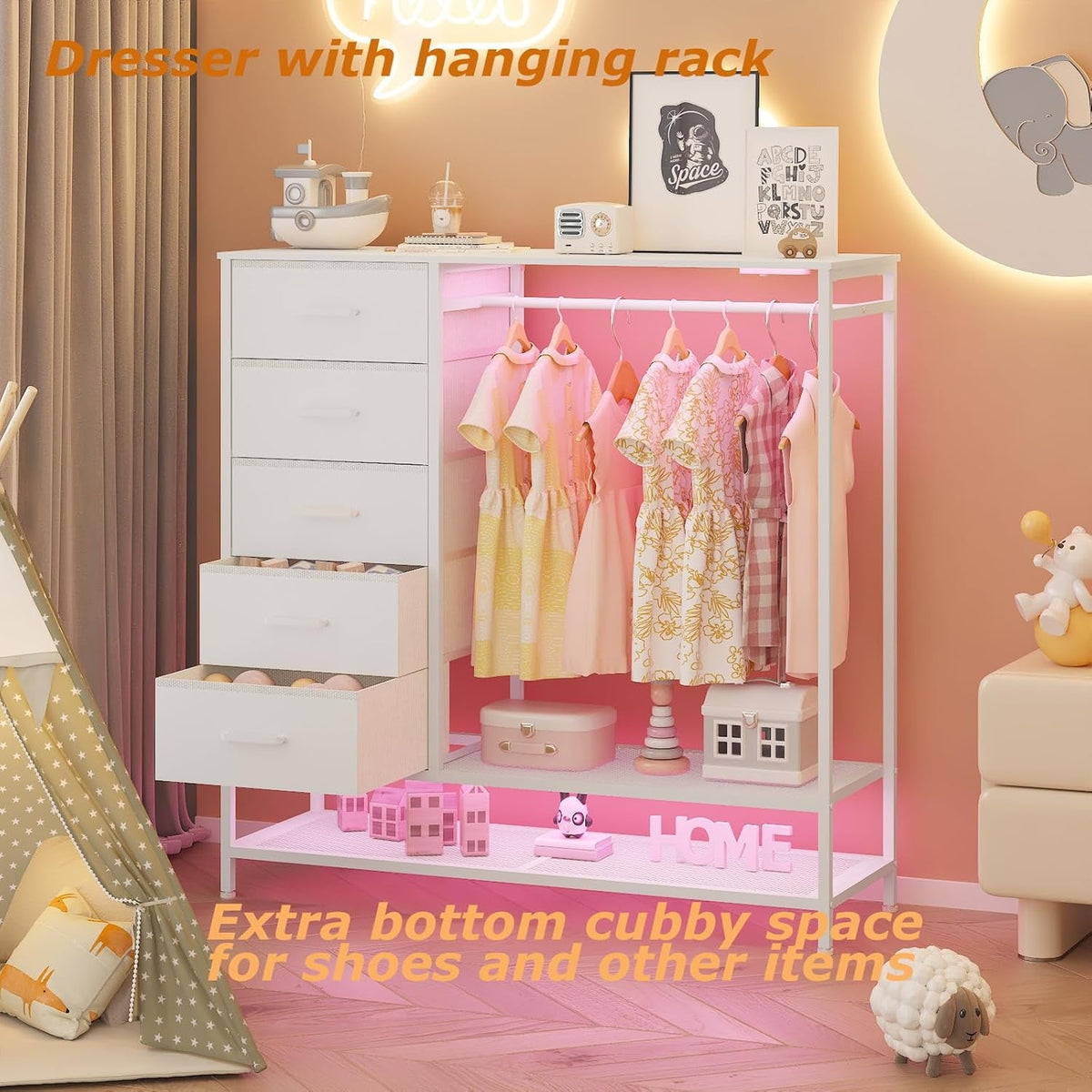 White Dresser With LED Lights And Charging Station