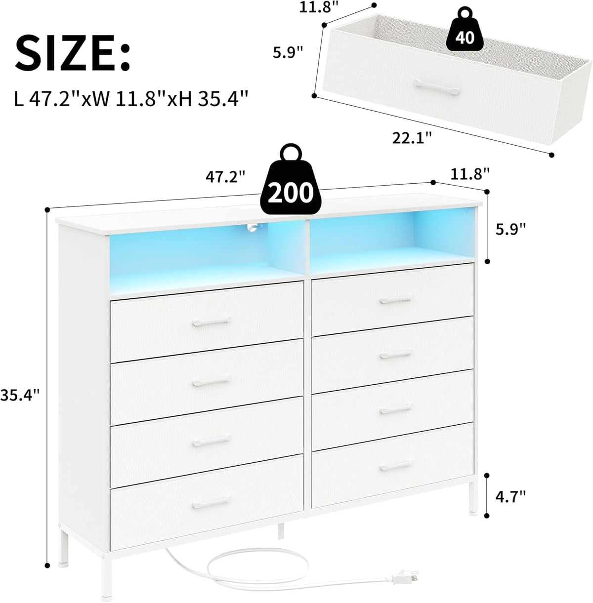 White Dresser With LED Lights And Charging Station