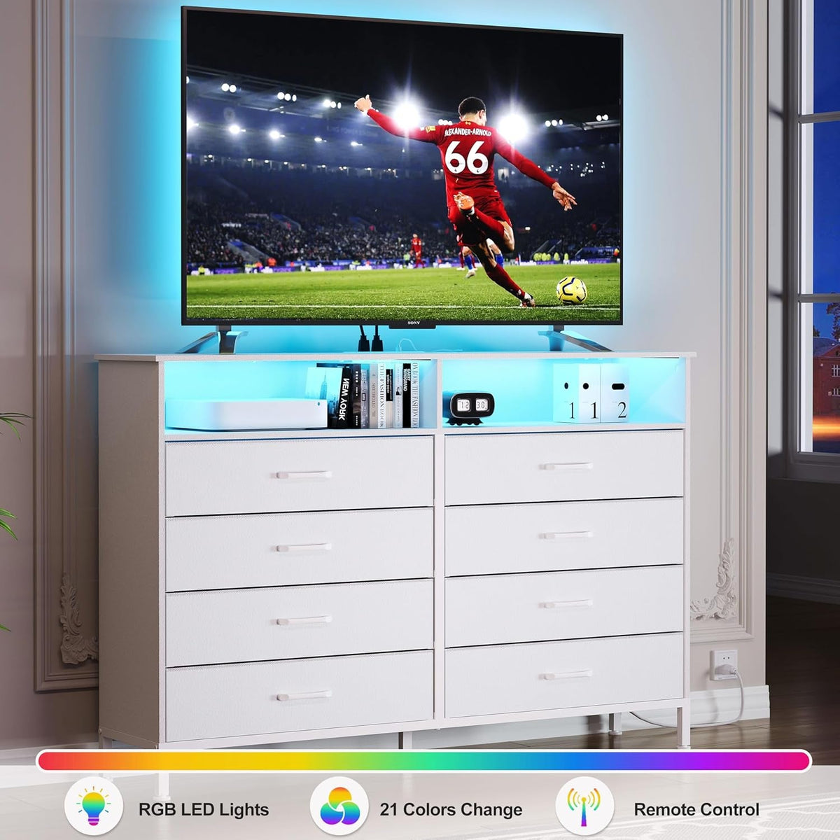 White Dresser With LED Lights And Charging Station