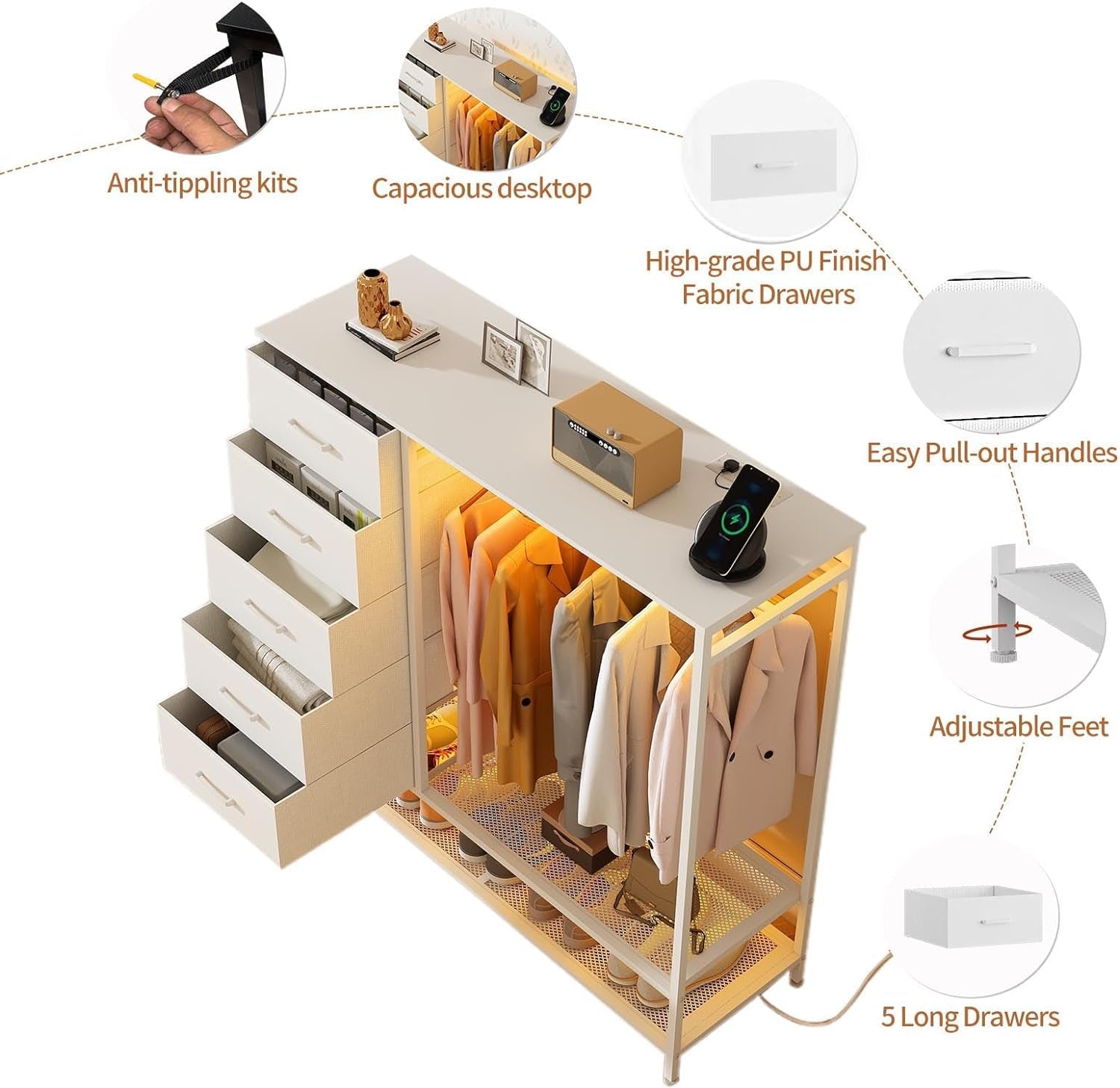White Dresser With LED Lights And Charging Station