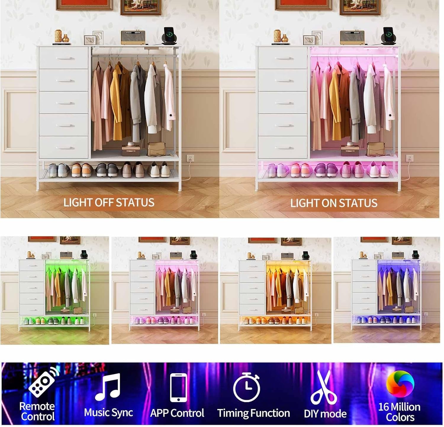 White Dresser With LED Lights And Charging Station