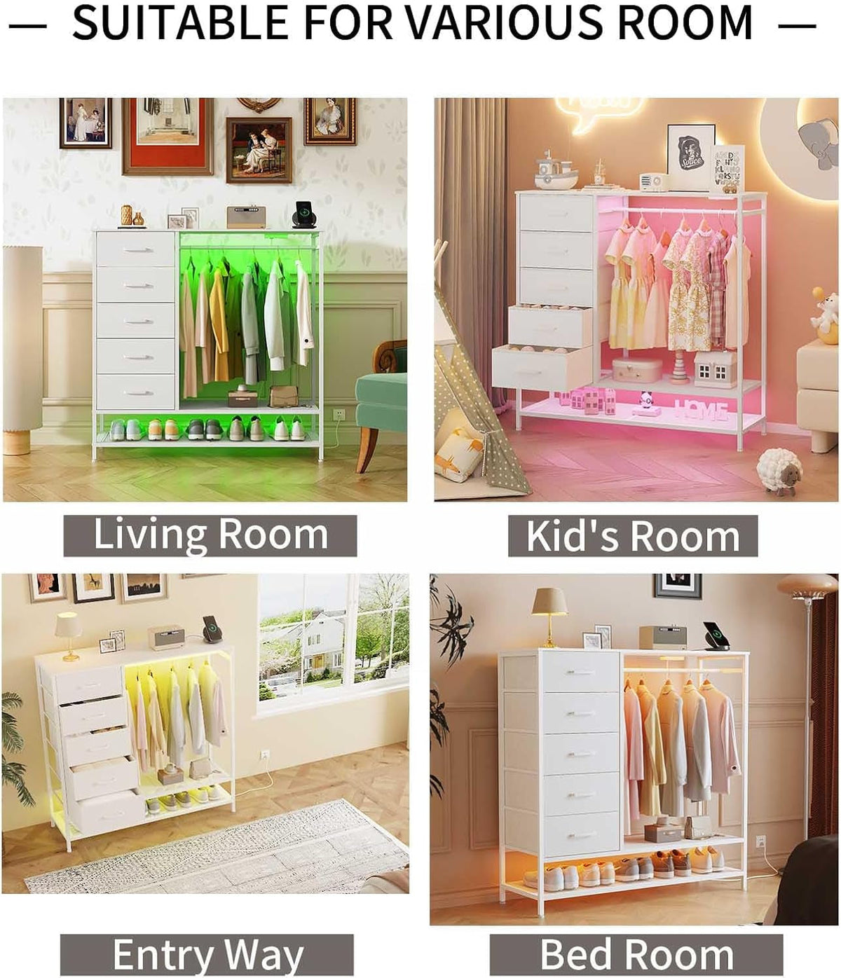 White Dresser With LED Lights And Charging Station