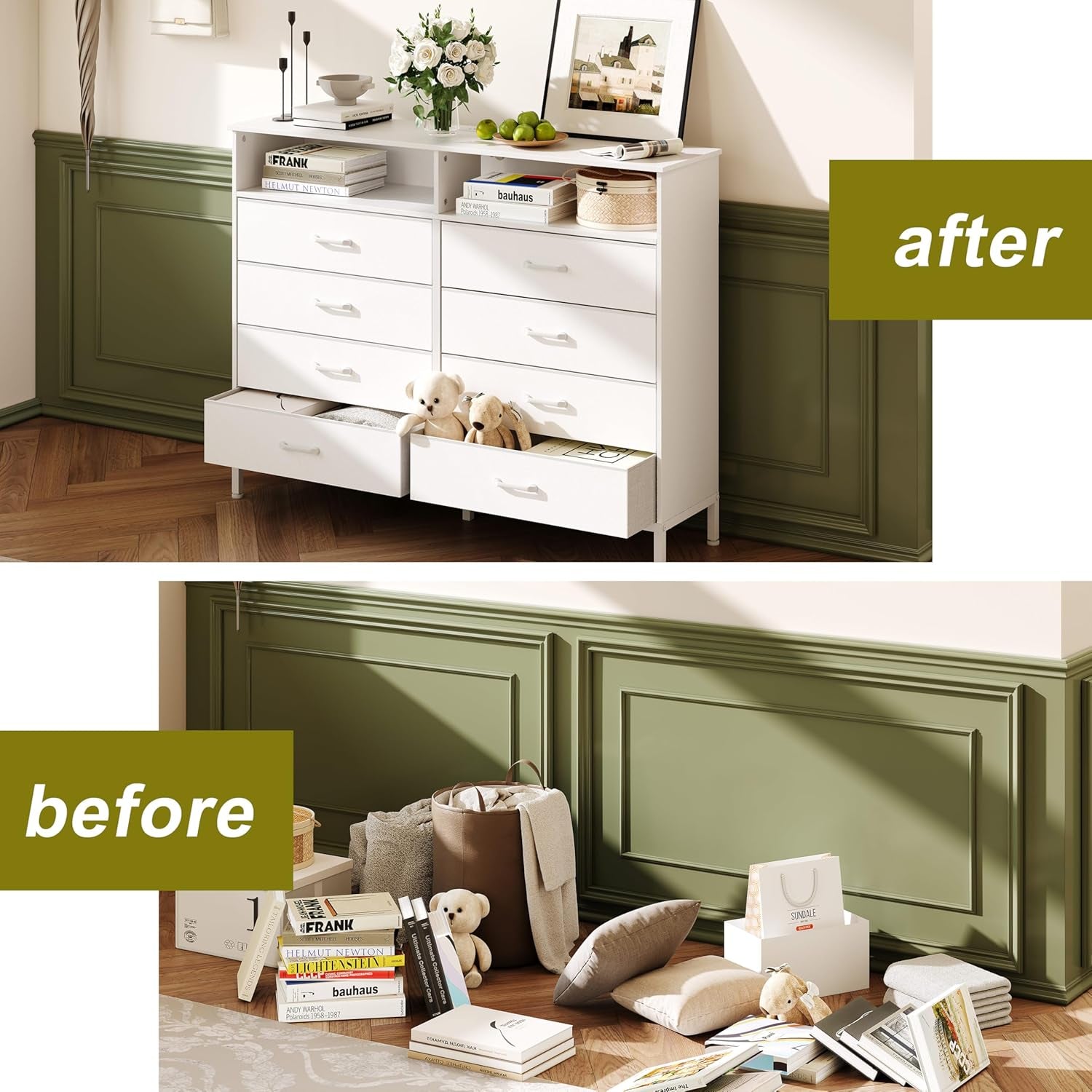 White Dresser With LED Lights And Charging Station