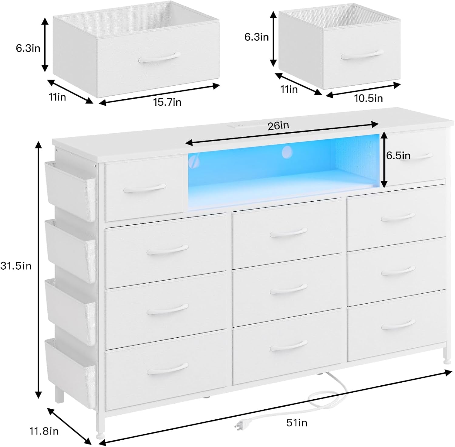 White Dresser With Power Outlets And LED Lights 11 Drawers