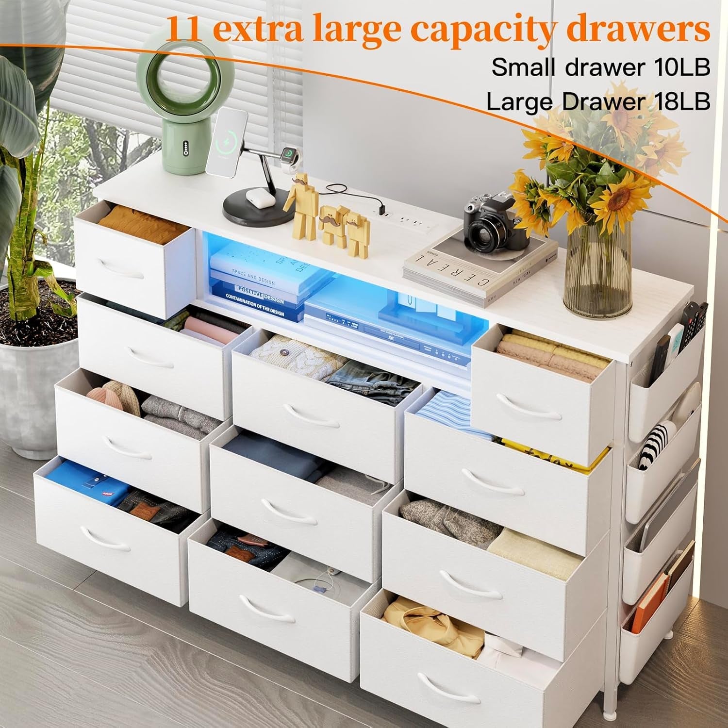 White Dresser With Power Outlets And LED Lights 11 Drawers