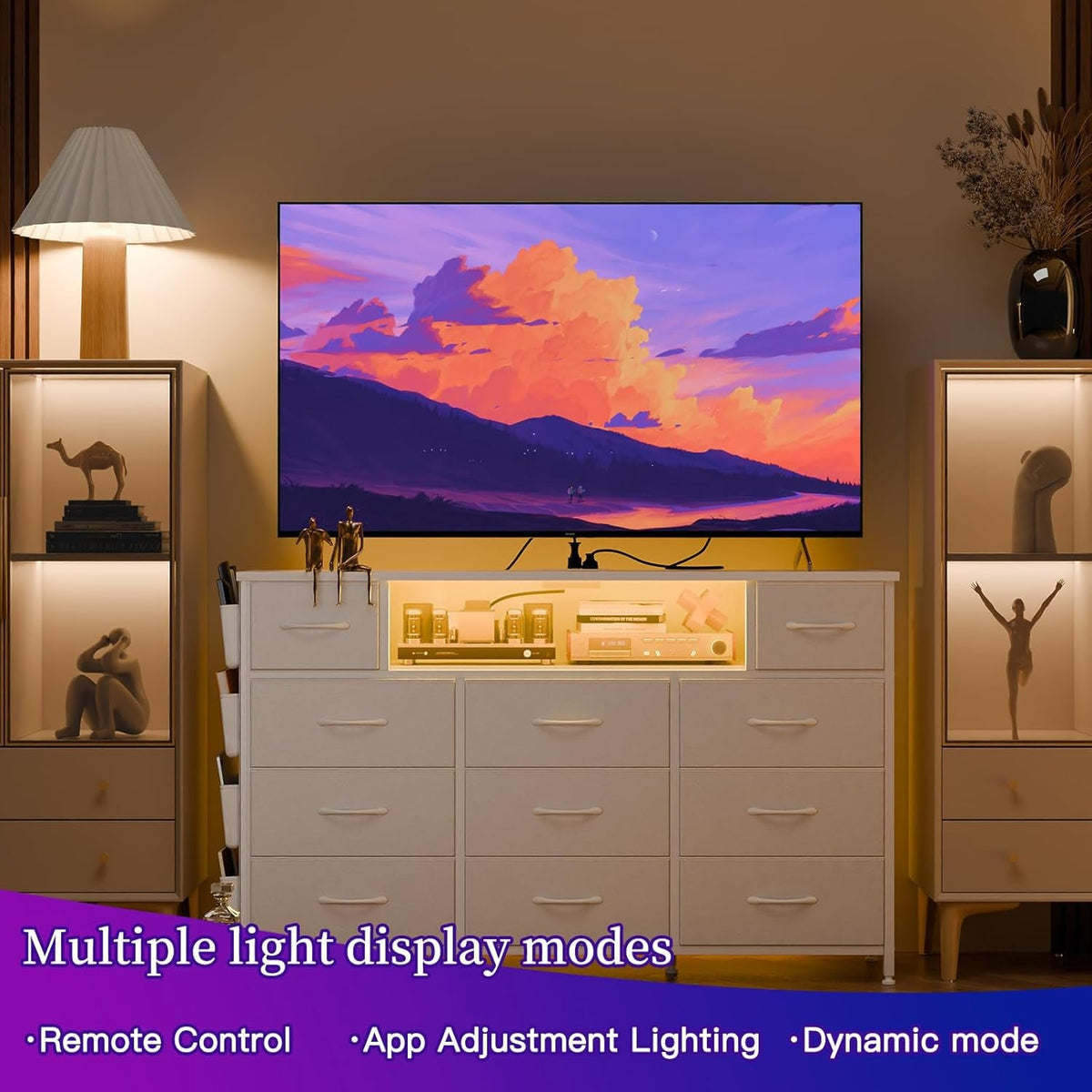 White Dresser With Power Outlets And LED Lights 11 Drawers