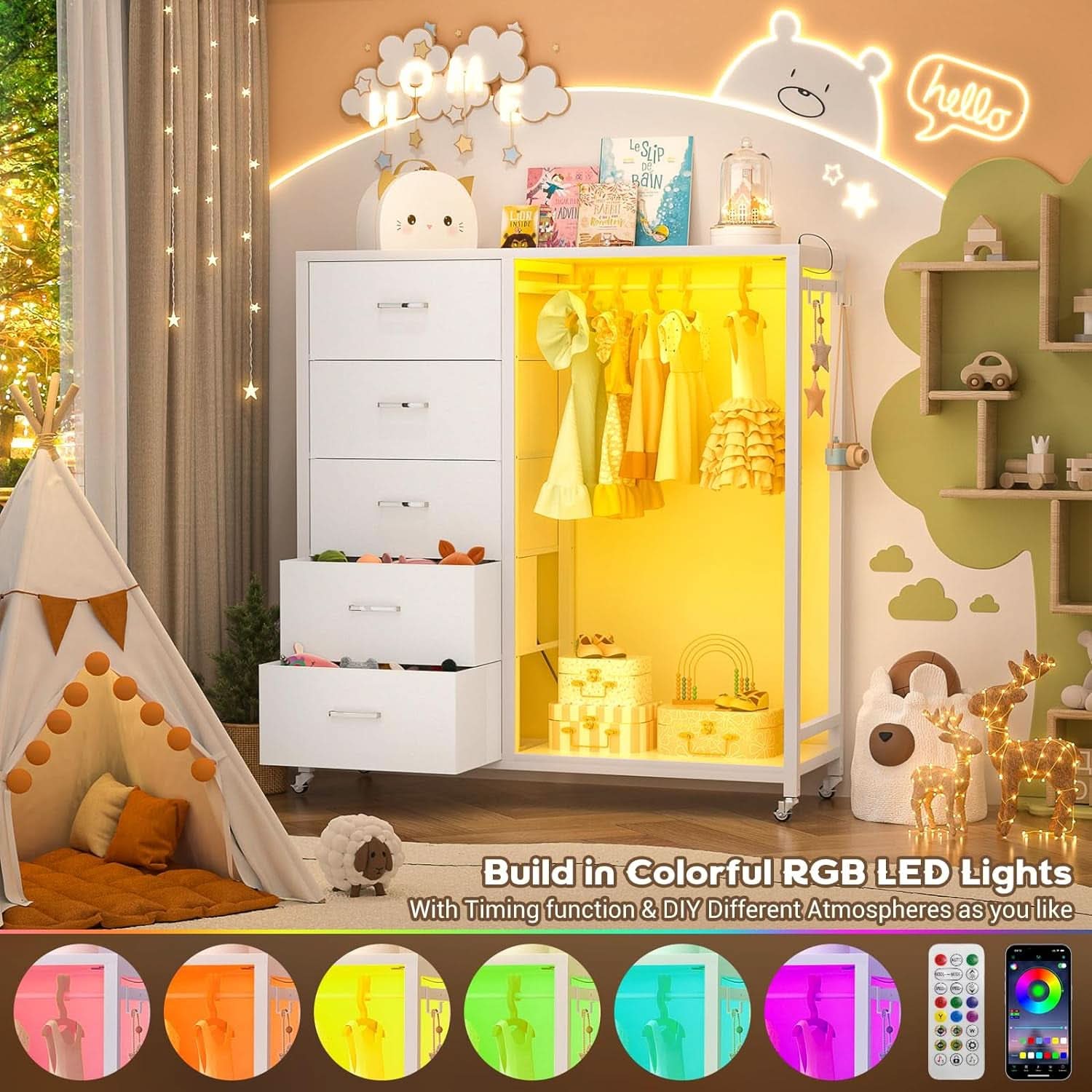 White Dresser With Rack And Charging Station Five Drawers