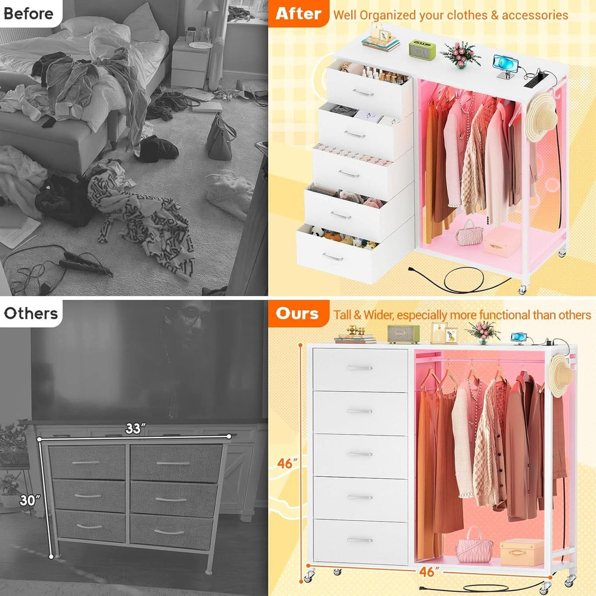 White Dresser With Rack And Charging Station Five Drawers