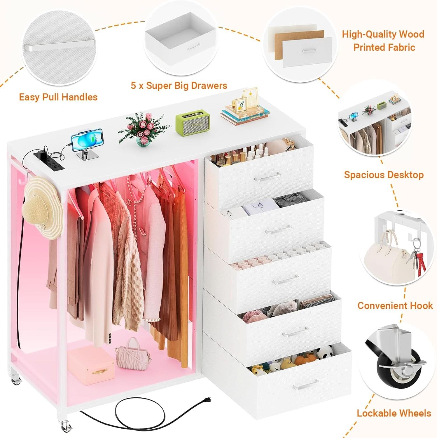White Dresser With Rack And Charging Station Five Drawers