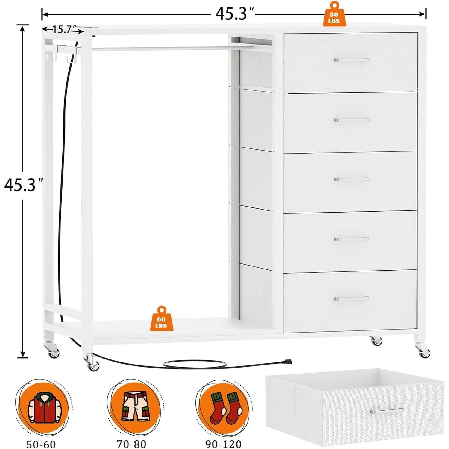 White Dresser With Rack And Charging Station Five Drawers