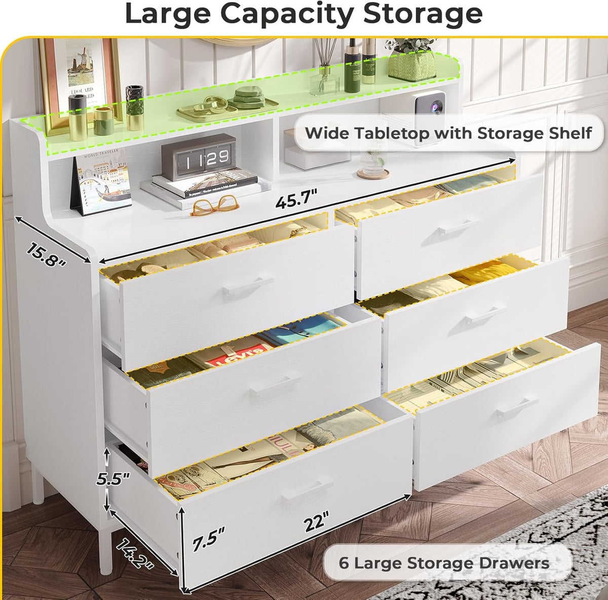 White Dresser With Six Drawers And Storage Shelves