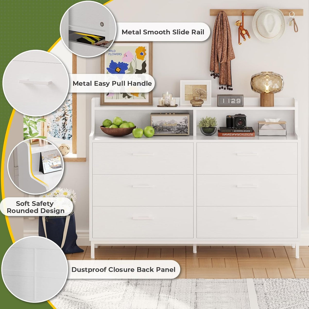 White Dresser With Six Drawers And Storage Shelves