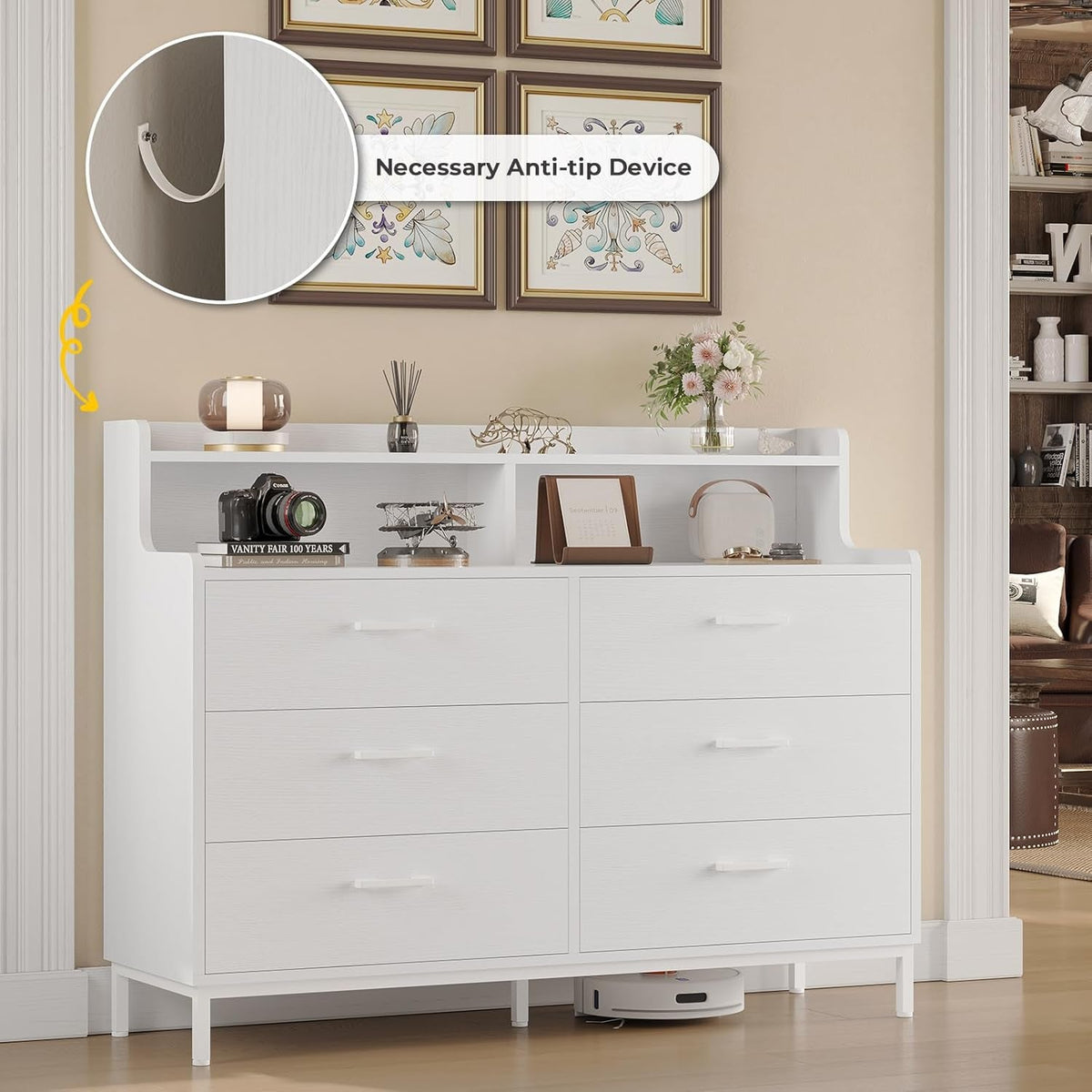 White Dresser With Six Drawers And Storage Shelves