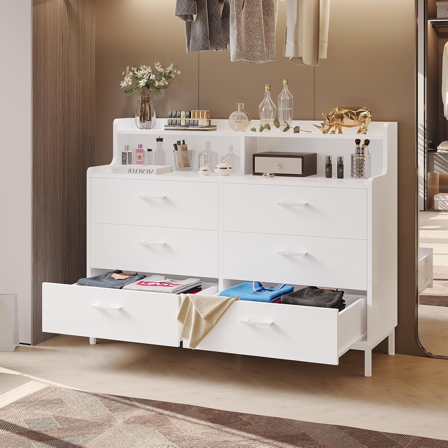 White Dresser With Six Drawers And Storage Shelves