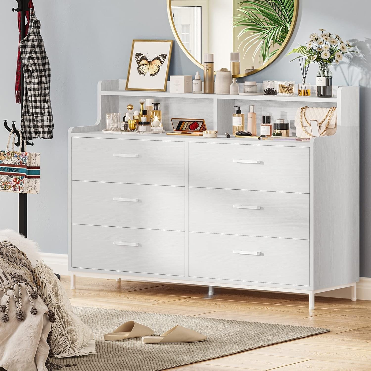 White Dresser With Six Drawers And Storage Shelves