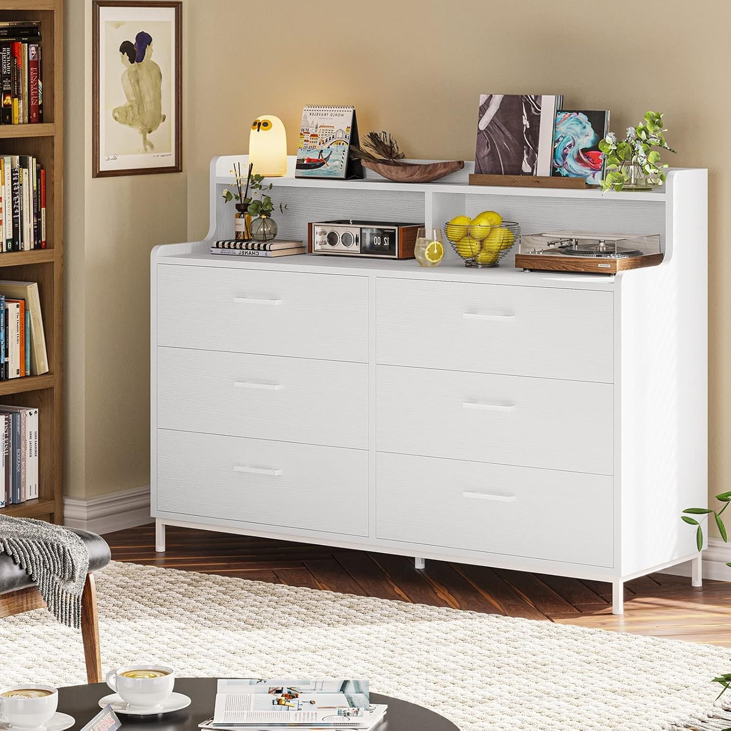 White Dresser With Six Drawers And Storage Shelves