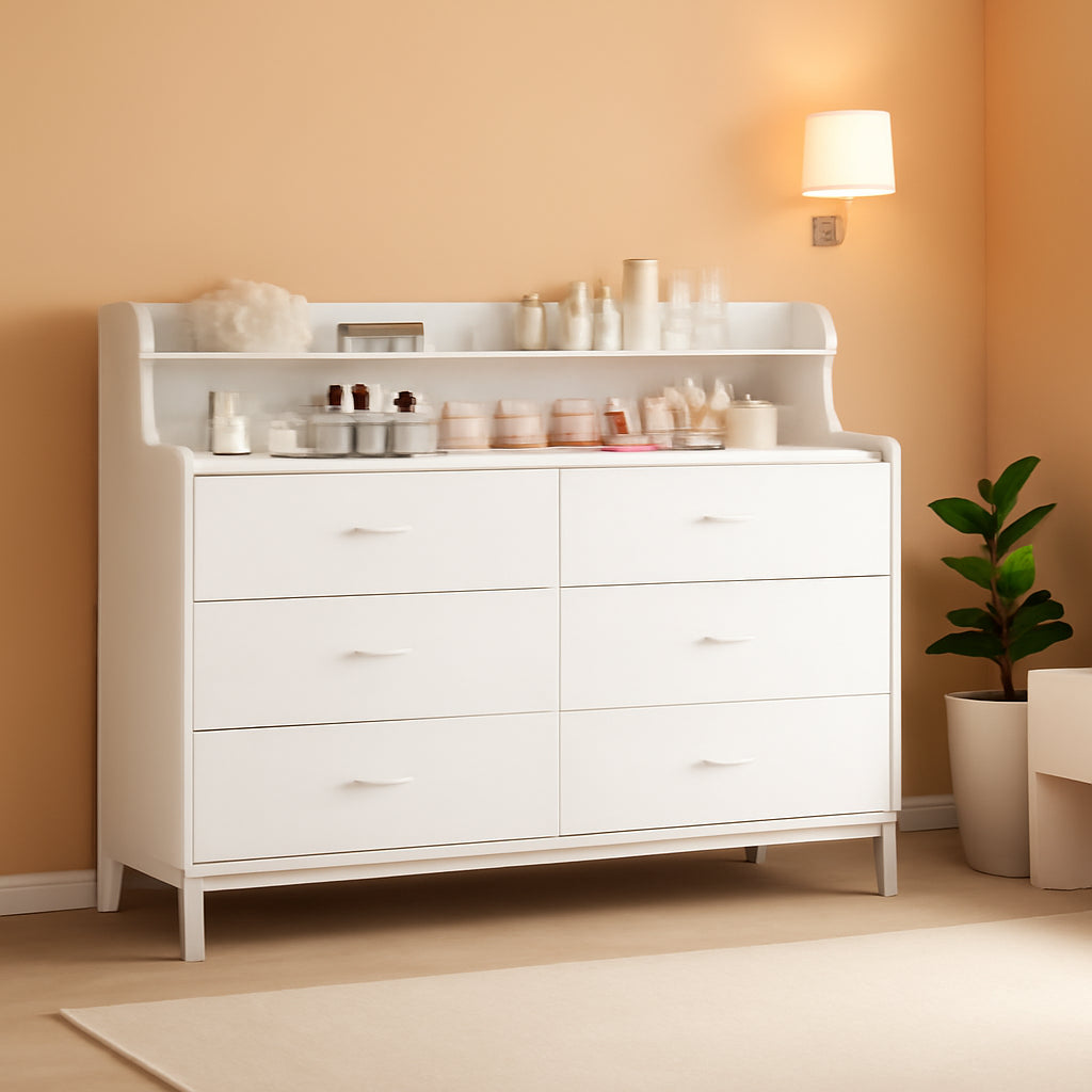 White Dresser With Six Drawers And Storage Shelves