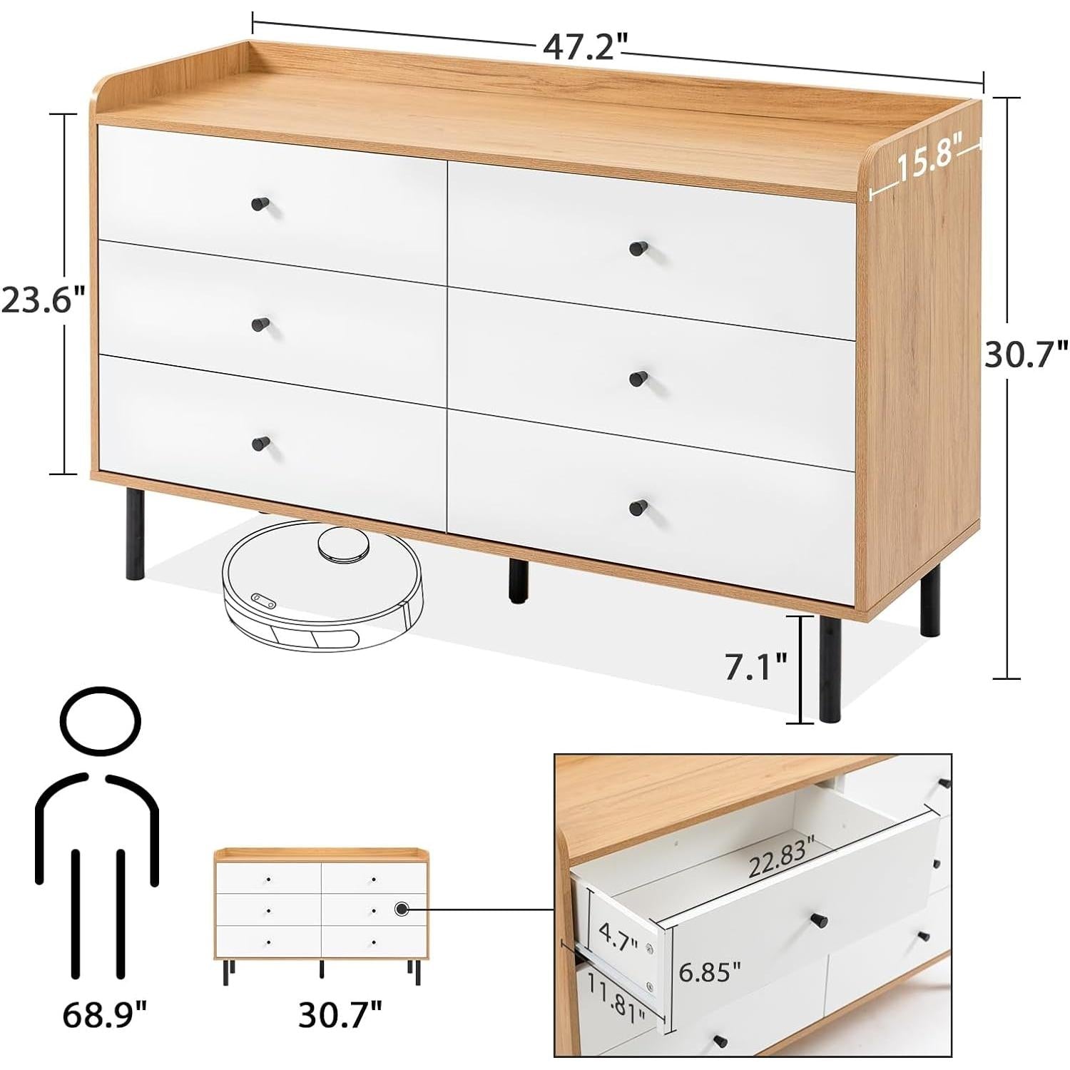 White Dresser With Six Drawers For Bedroom Storage