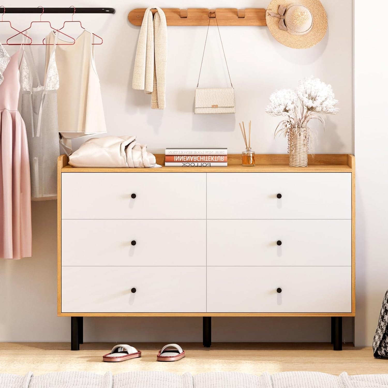 White Dresser With Six Drawers For Bedroom Storage