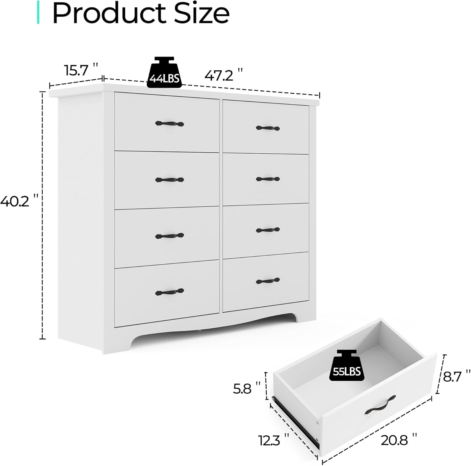 White Dresser With Wide Drawers For Bedroom Storage