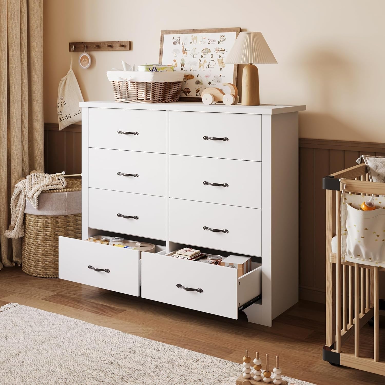 White Dresser With Wide Drawers For Bedroom Storage