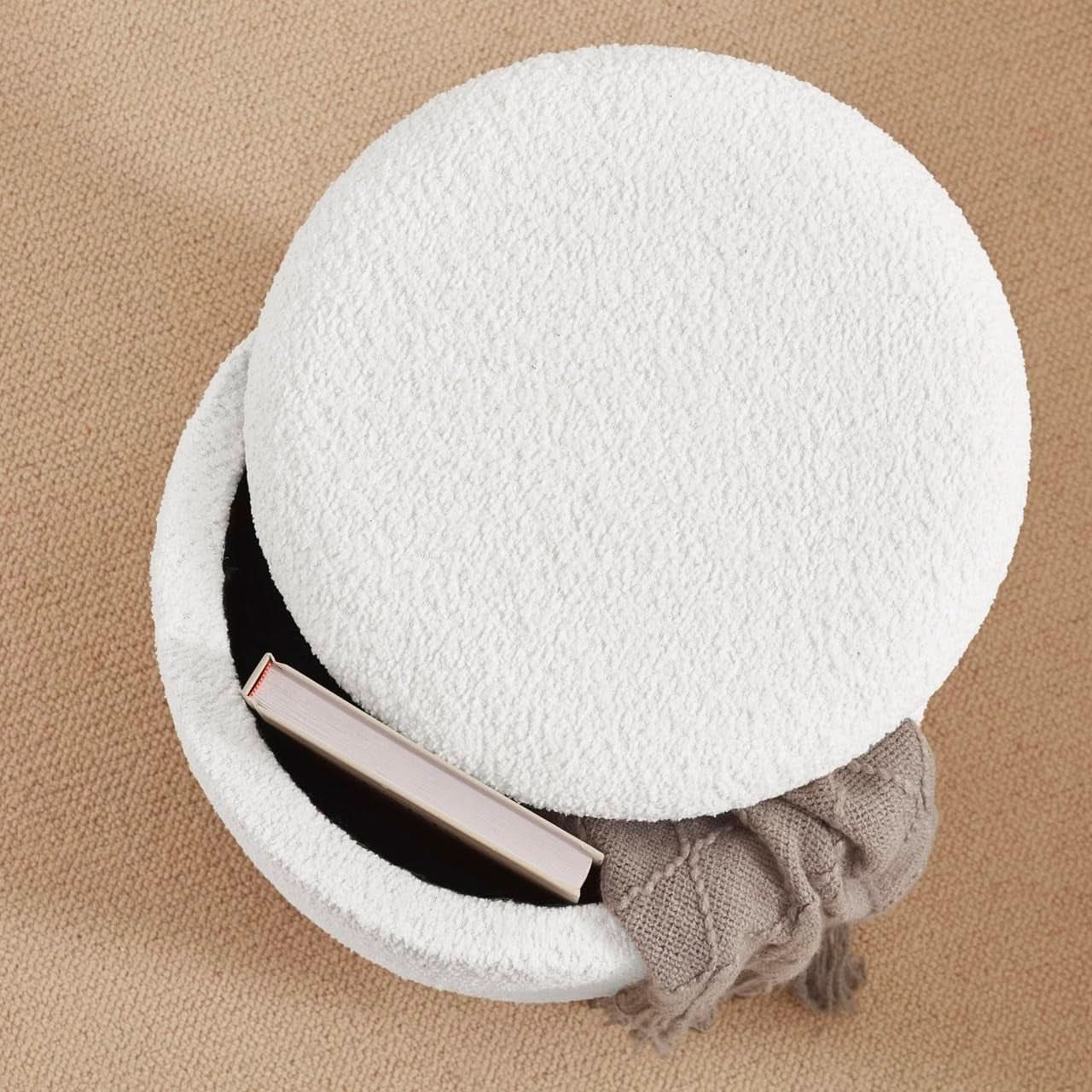 White Elegant Round Ottoman With Concealed Storage