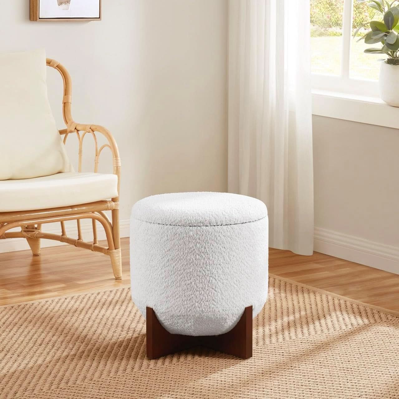 White Elegant Round Ottoman With Concealed Storage