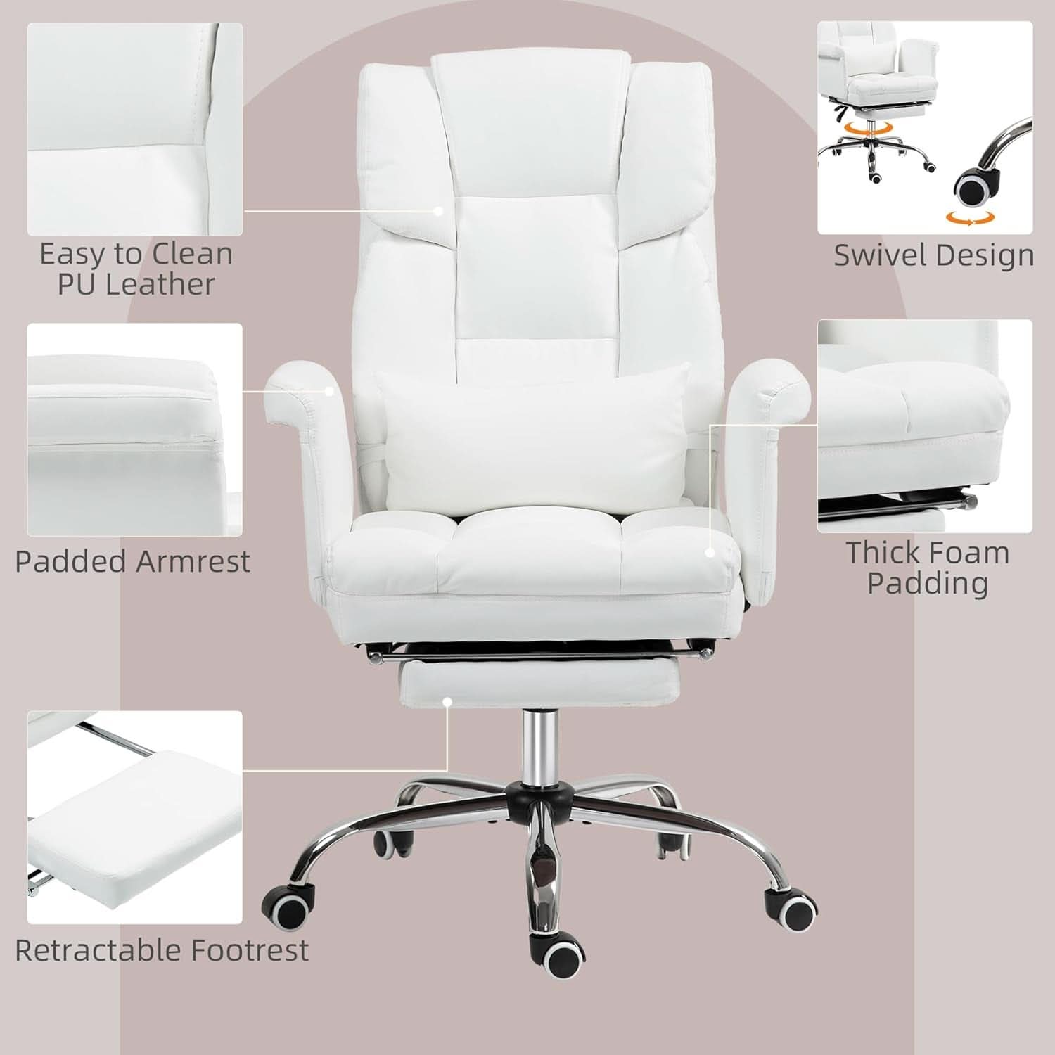 White Ergonomic Office Chair With Footrest And Swivel