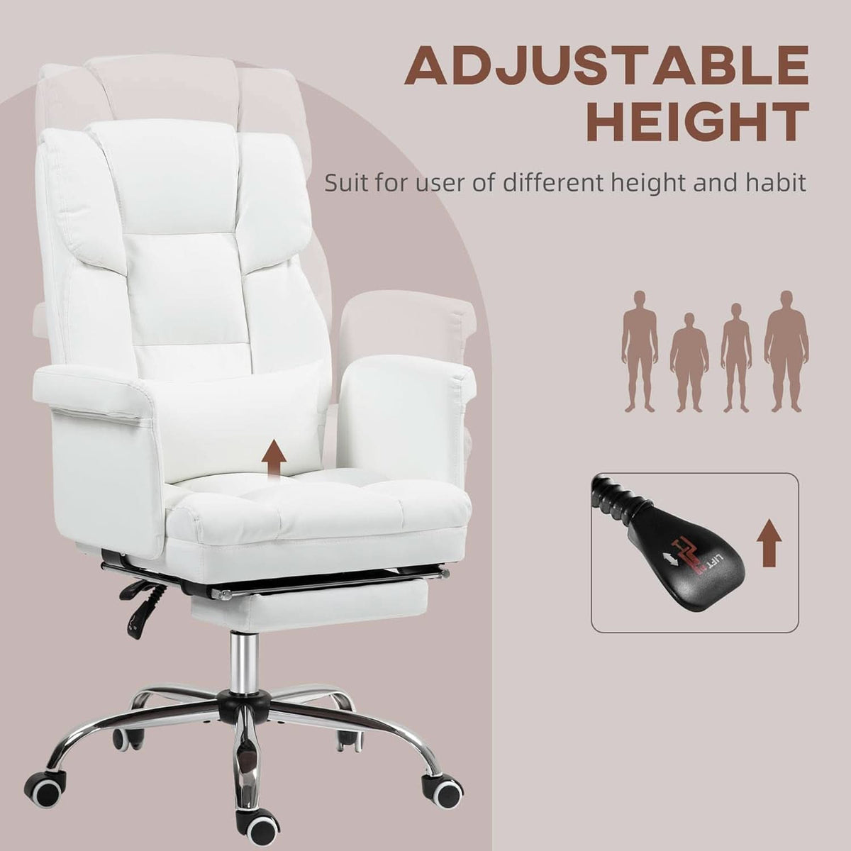 White Ergonomic Office Chair With Footrest And Swivel