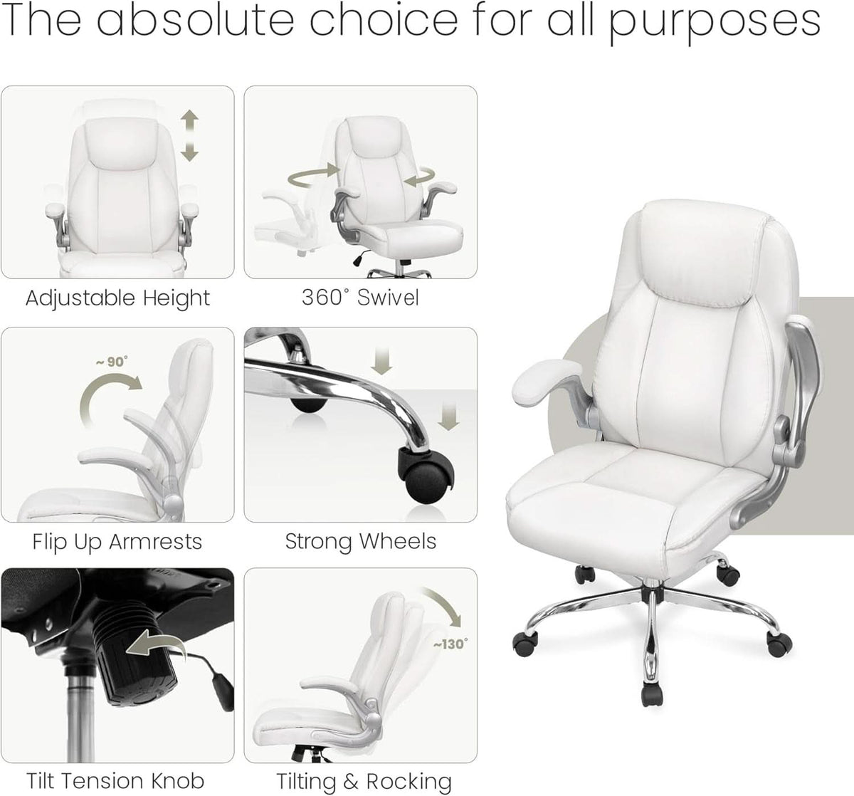 White Ergonomic Office Chair With Lumbar Support Adjustable