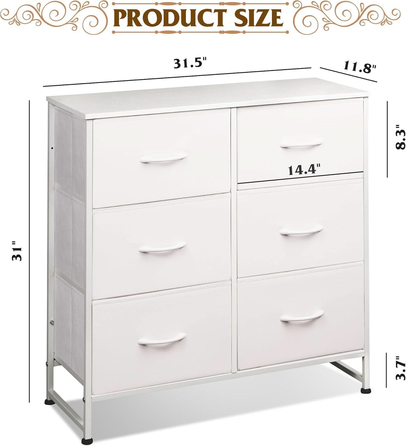 White Fabric Dresser With 6 Drawers And Fabric Bins