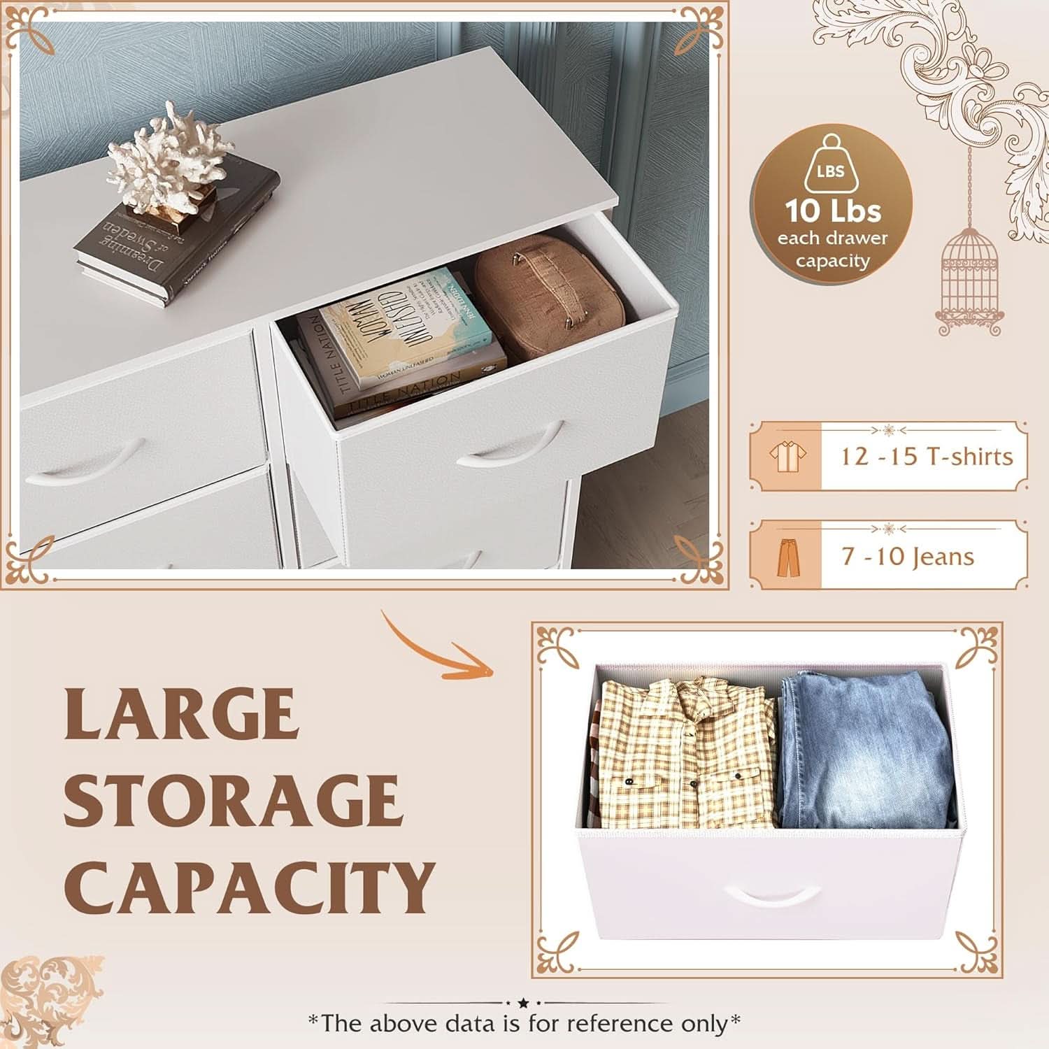 White Fabric Dresser With 6 Drawers And Fabric Bins