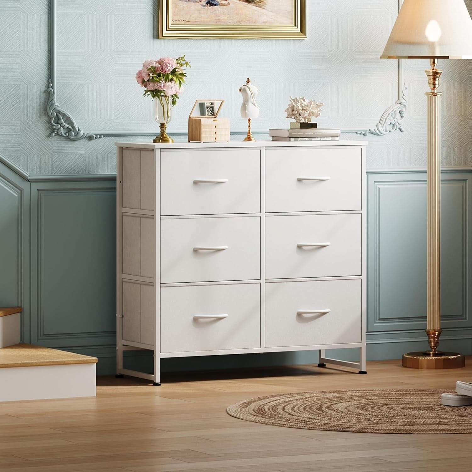 White Fabric Dresser With 6 Drawers And Fabric Bins