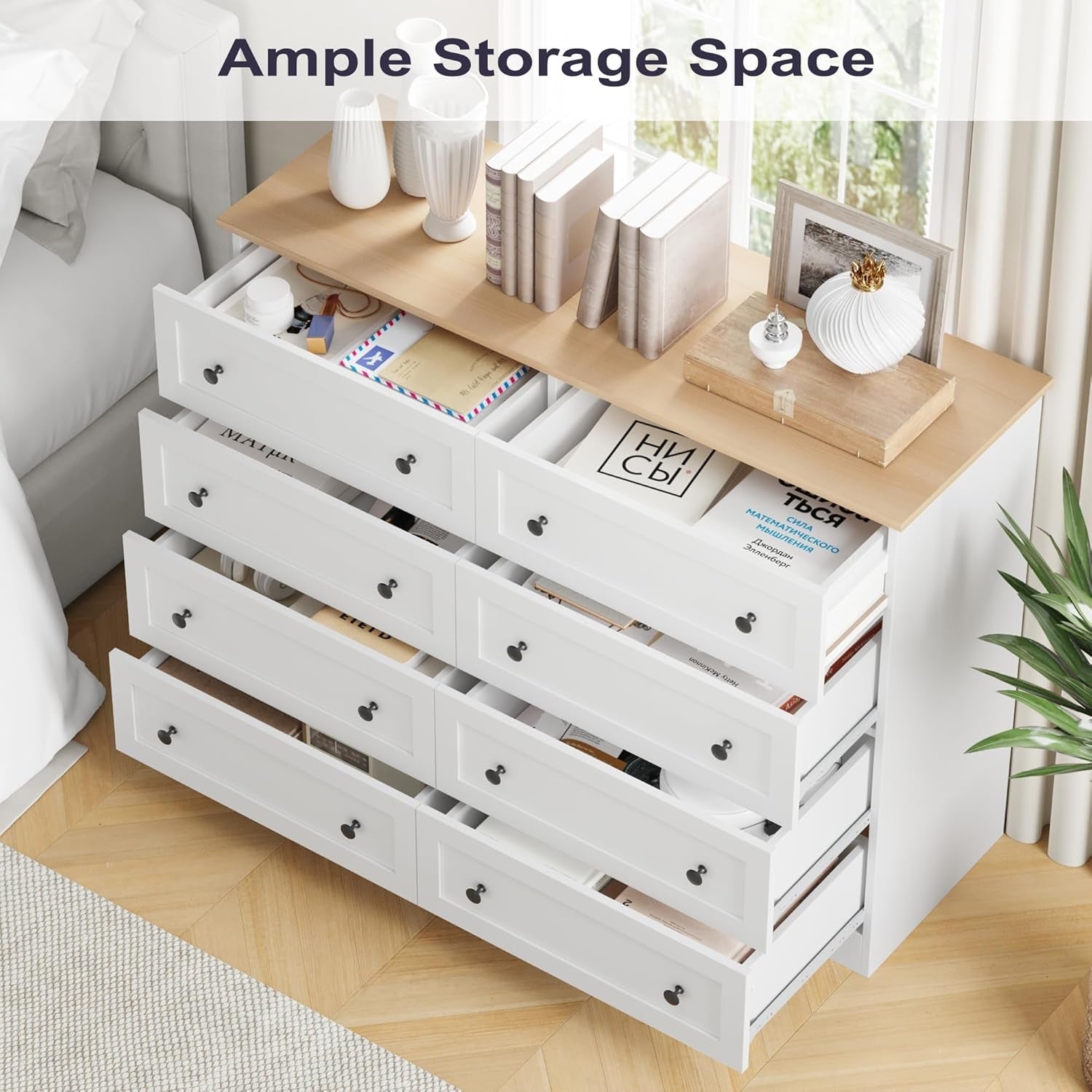 White Farmhouse 8 Drawer Dresser With Deep Drawers