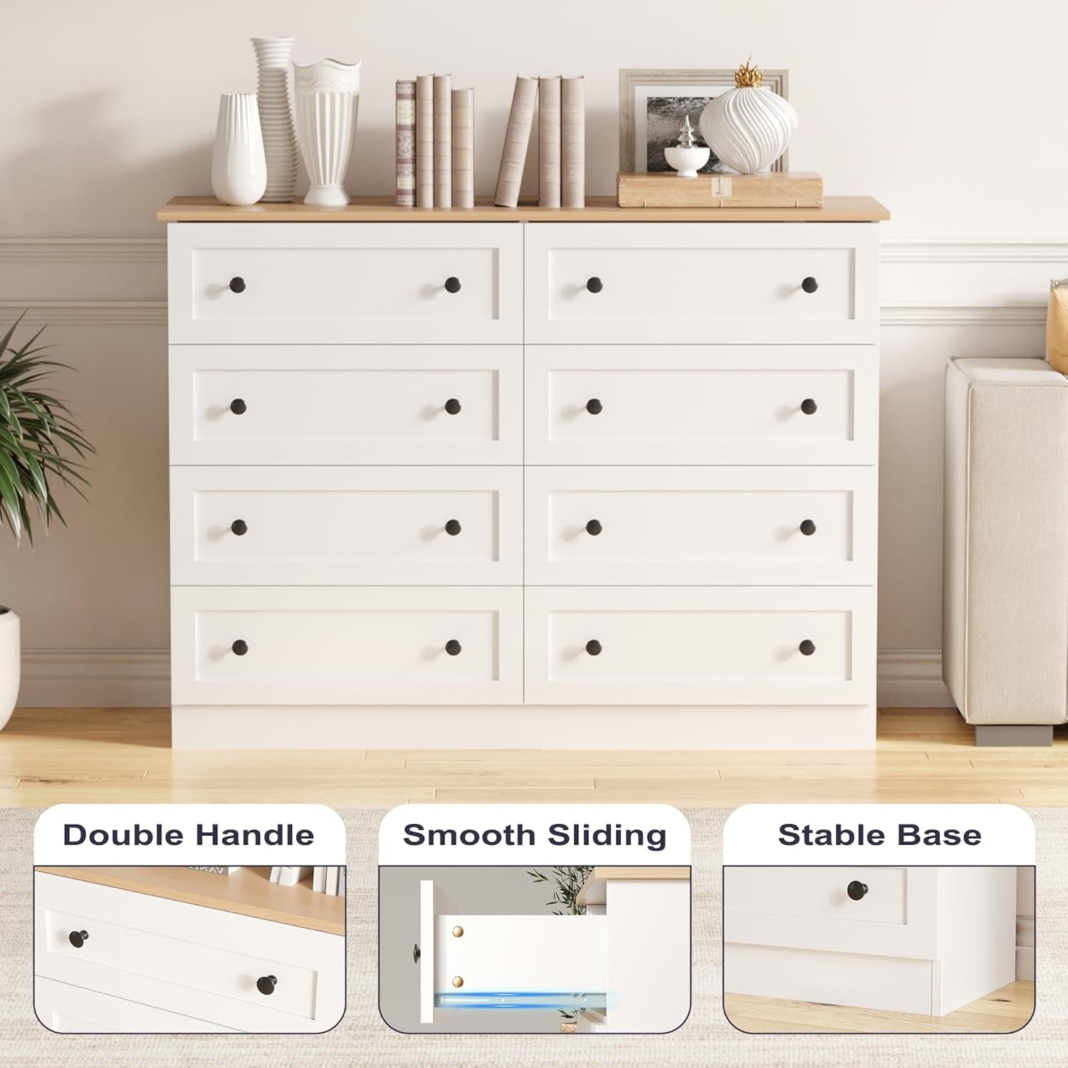 White Farmhouse 8 Drawer Dresser With Deep Drawers