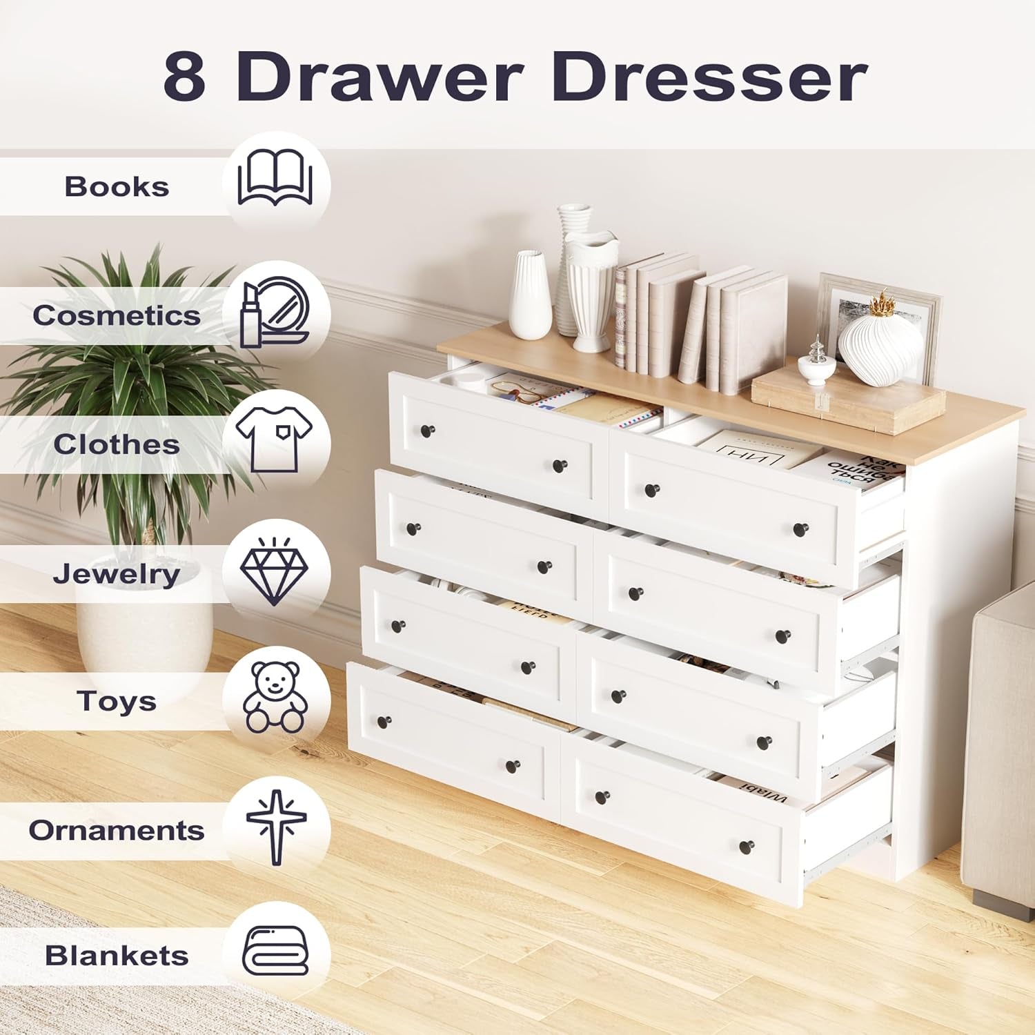 White Farmhouse 8 Drawer Dresser With Deep Drawers