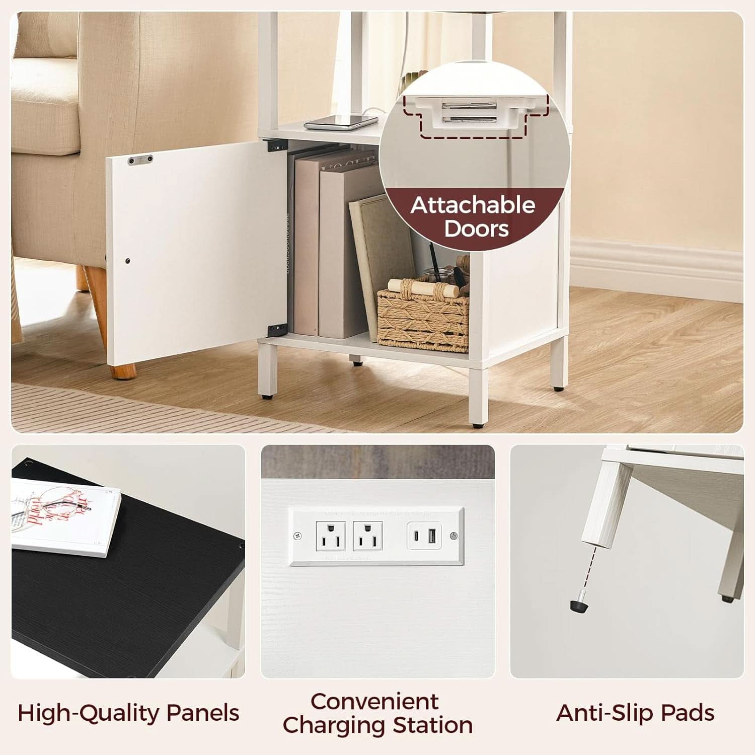 White Farmhouse Bedside Nightstand With USB Type C Ports