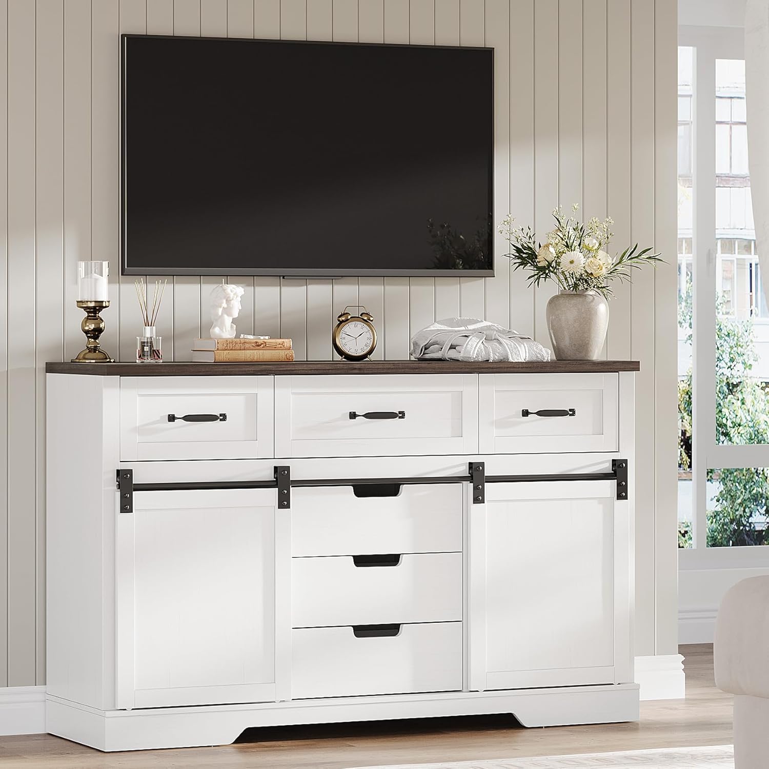 White Farmhouse Buffet Cabinet 47 Inch Wide With Drawers
