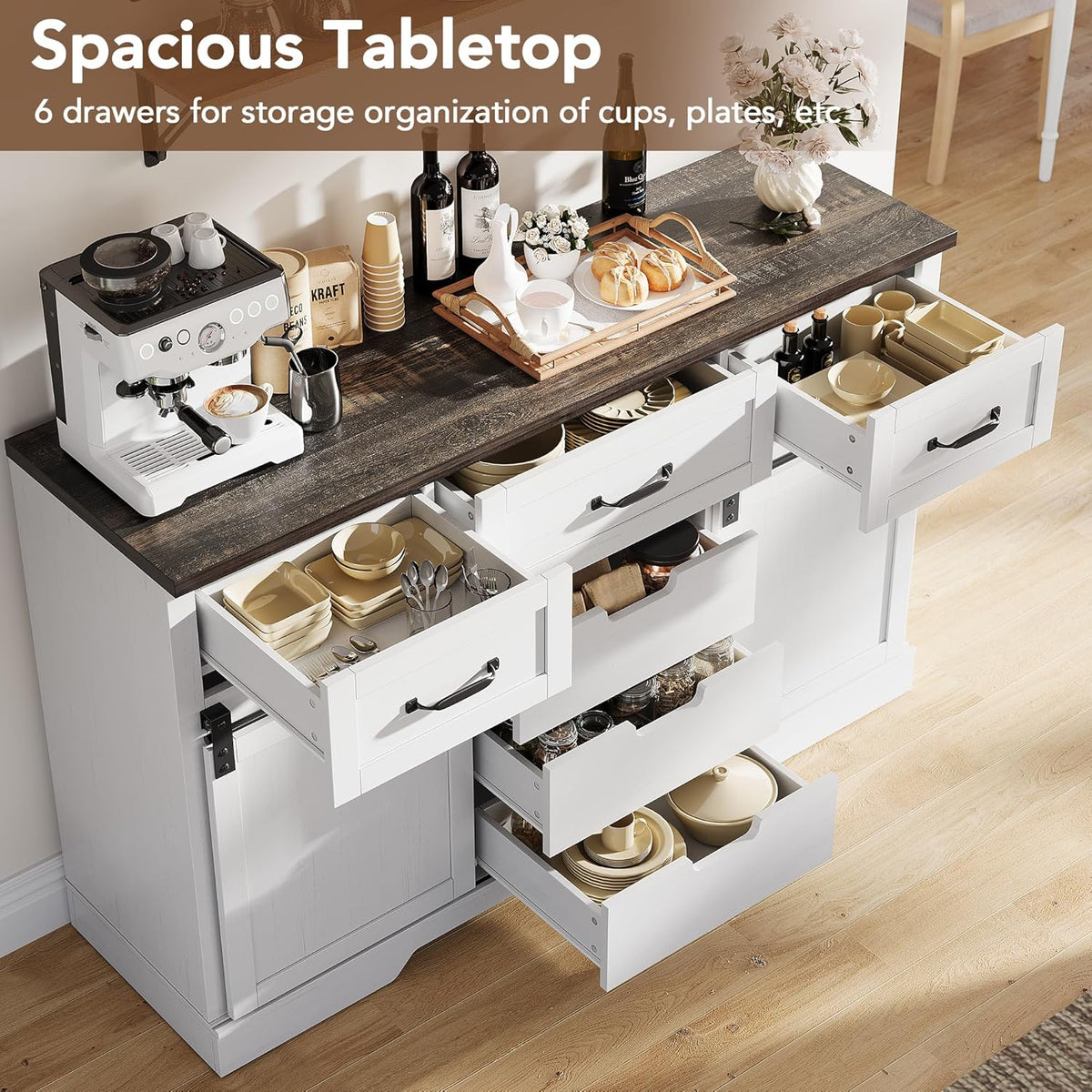 White Farmhouse Buffet Cabinet 47 Inch Wide With Drawers