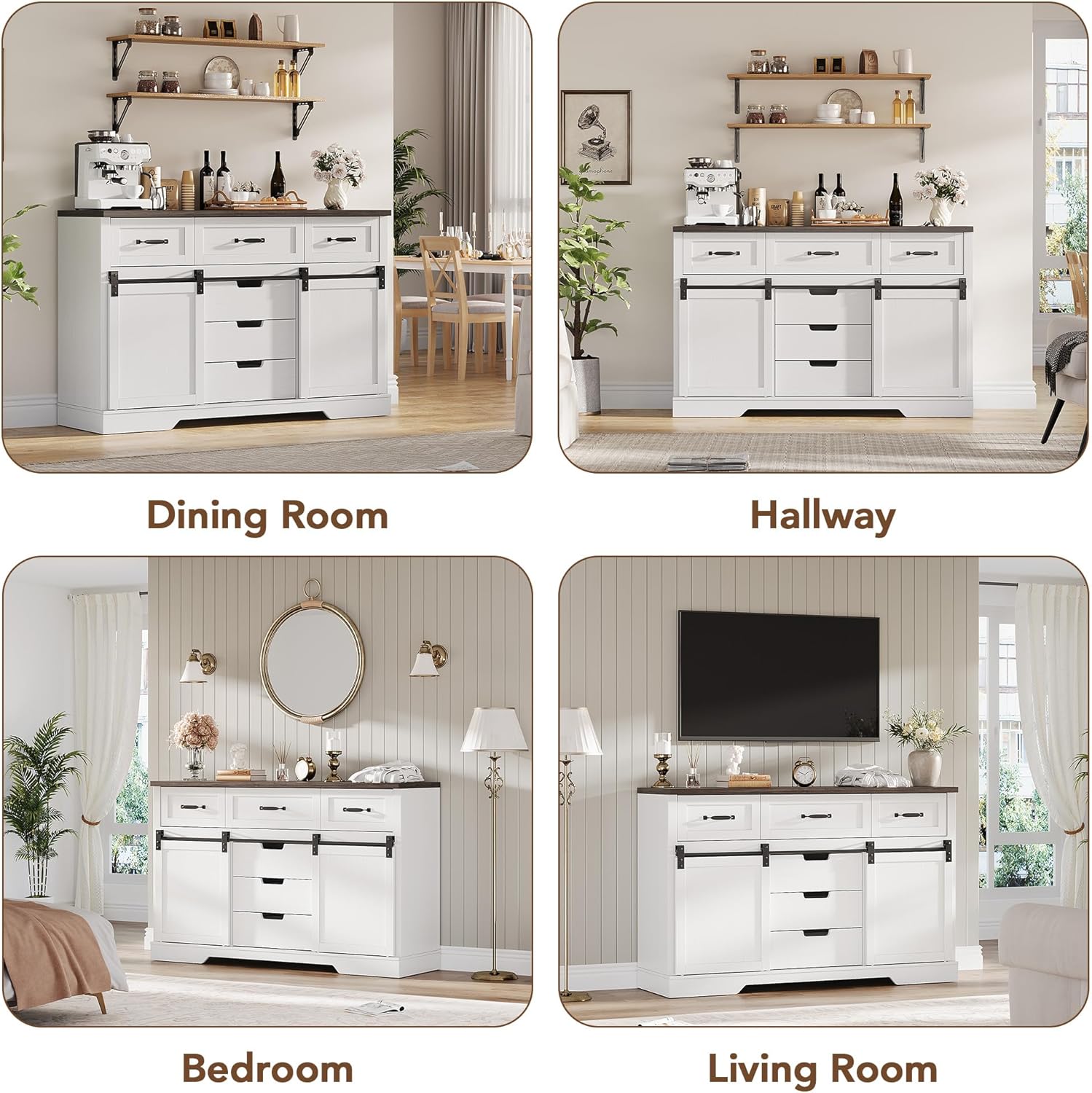 White Farmhouse Buffet Cabinet 47 Inch Wide With Drawers