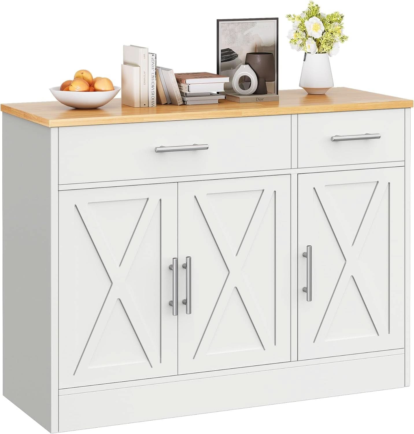 White Farmhouse Sideboard Buffet Cabinet With Drawers