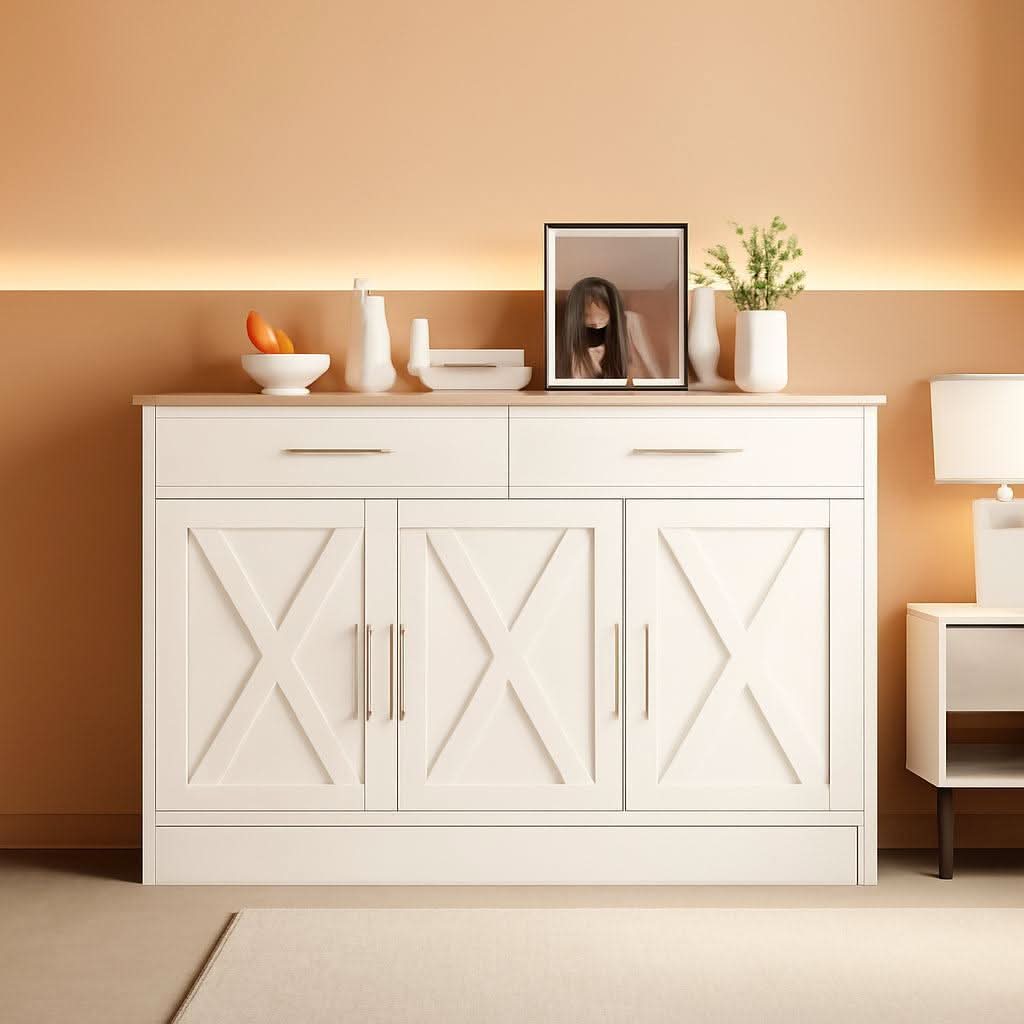 White Farmhouse Sideboard Buffet Cabinet With Drawers